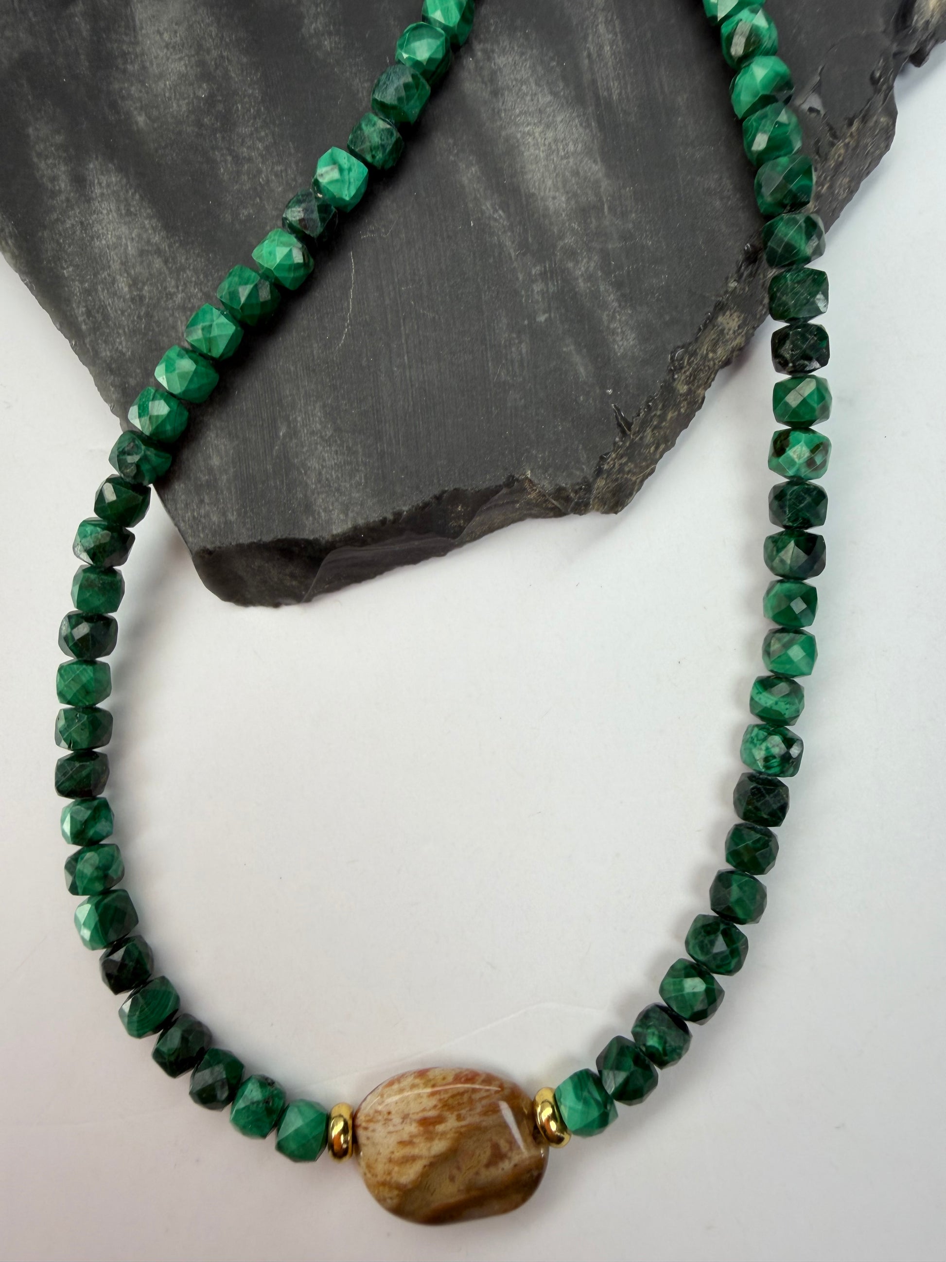 Malachite & Petrified Wood Necklace (Dainty)