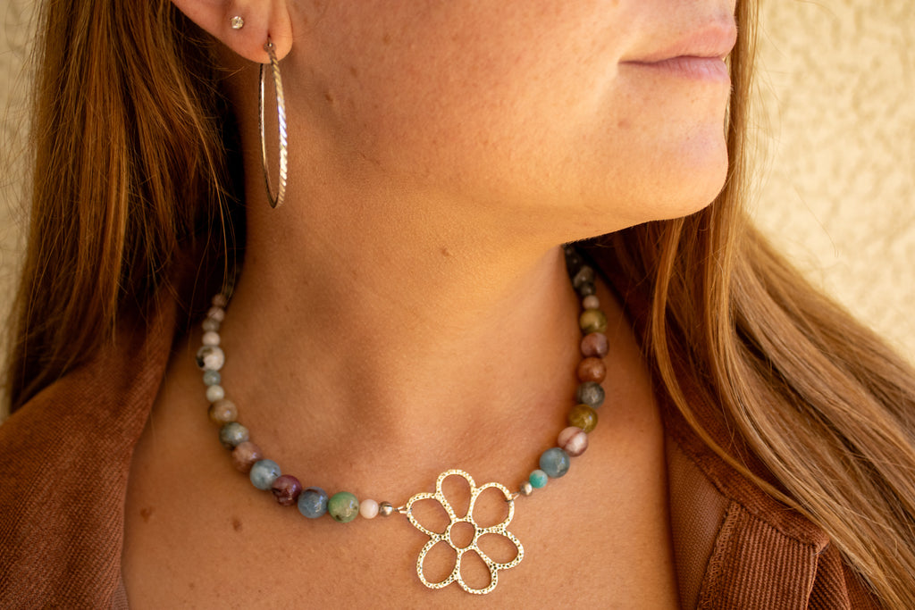 Natural Untreated Morganite Necklace with Silver Flower