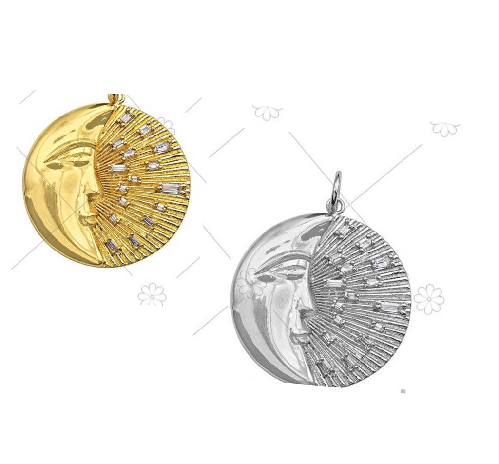 CZ Micro Pave Moon with Radiation Light Round Coin Pendant/Charm