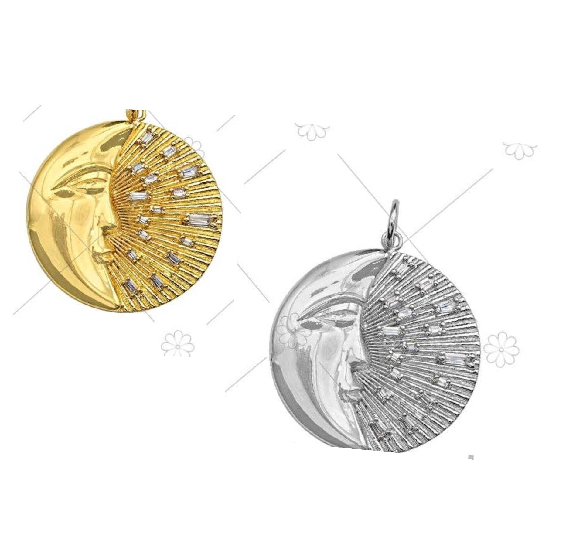 CZ Micro Pave Moon with Radiation Light Round Coin Pendant/Charm