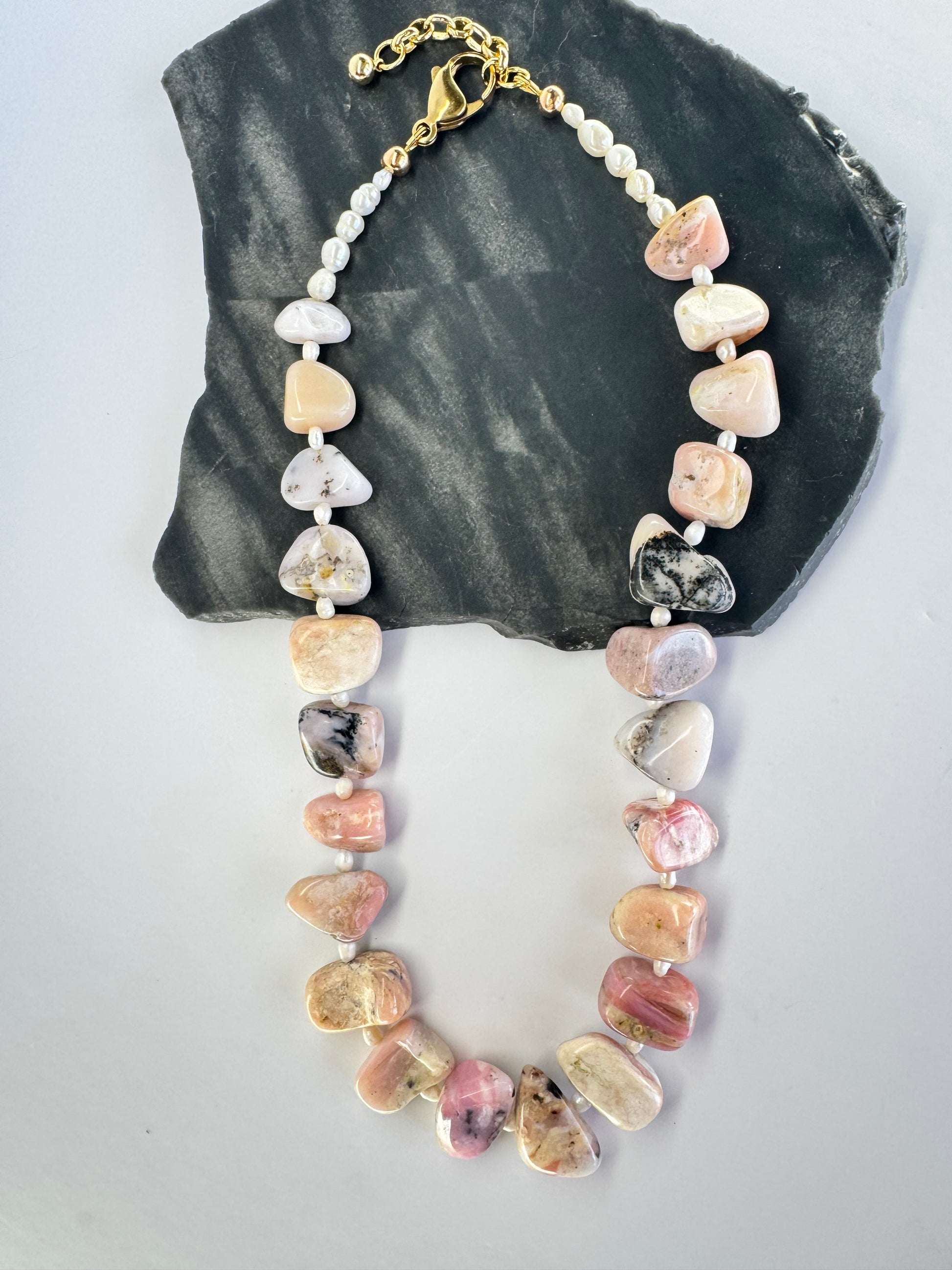 Peruvian Pink Opal & Freshwater Pearl Freeform Nugget Necklace