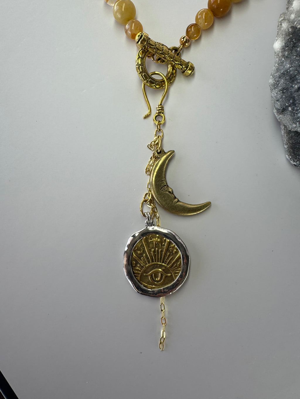 Golden Healer Quartz Necklace with Removable Crescent Moon & Good Luck Charm