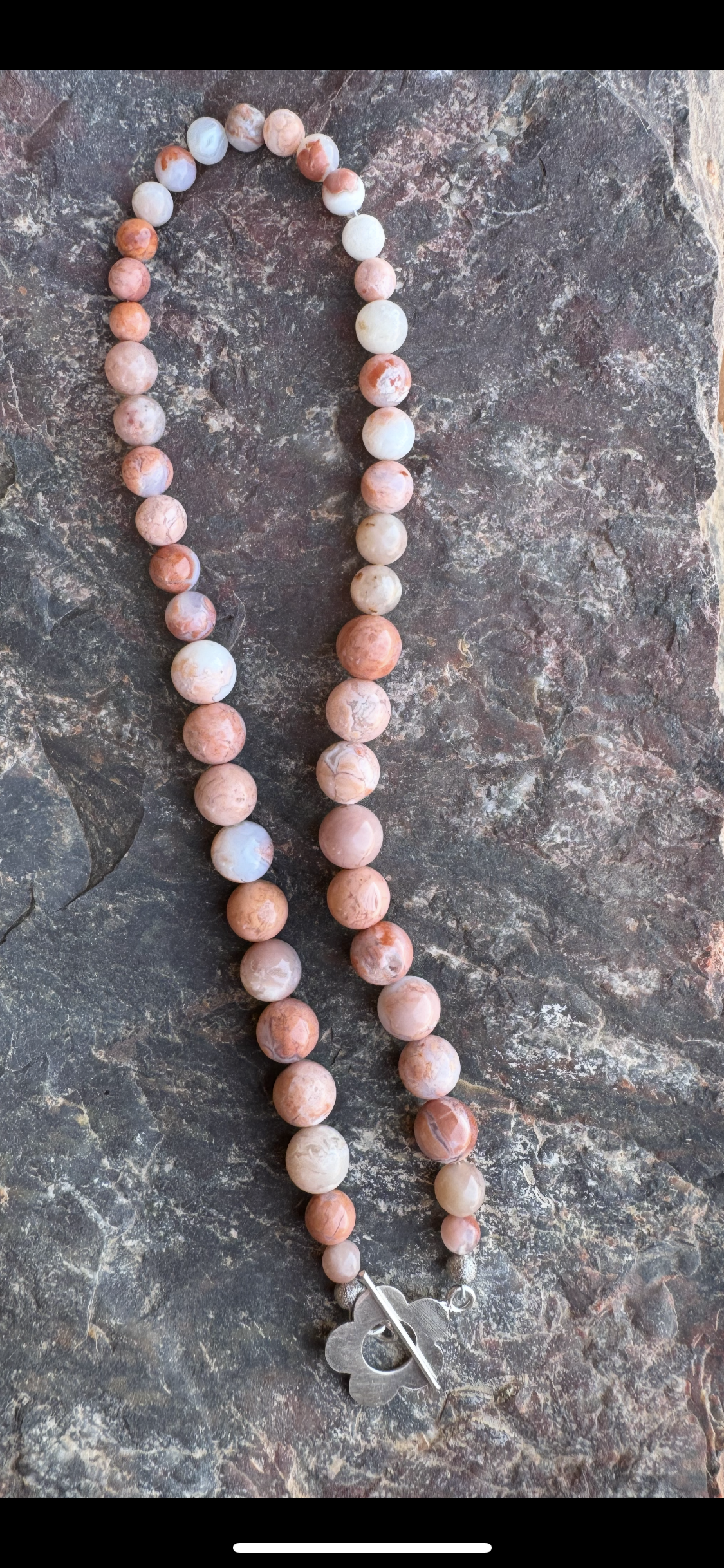 Pink Petal Agate Bead Necklace with Retro Flower Toggle - RESERVED FOR Maggie