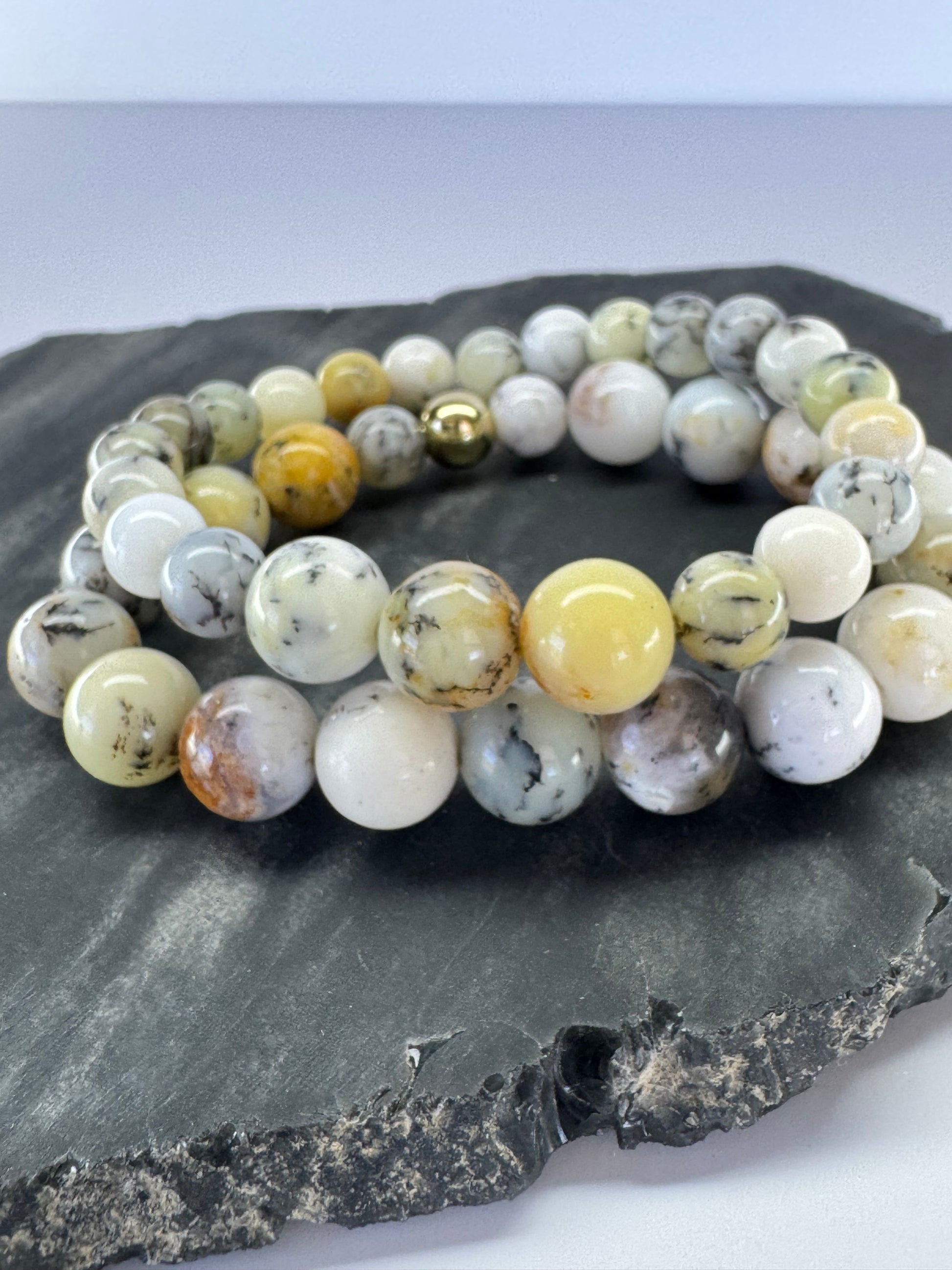Natural White Opal Bead Stretch Bracelet Pair