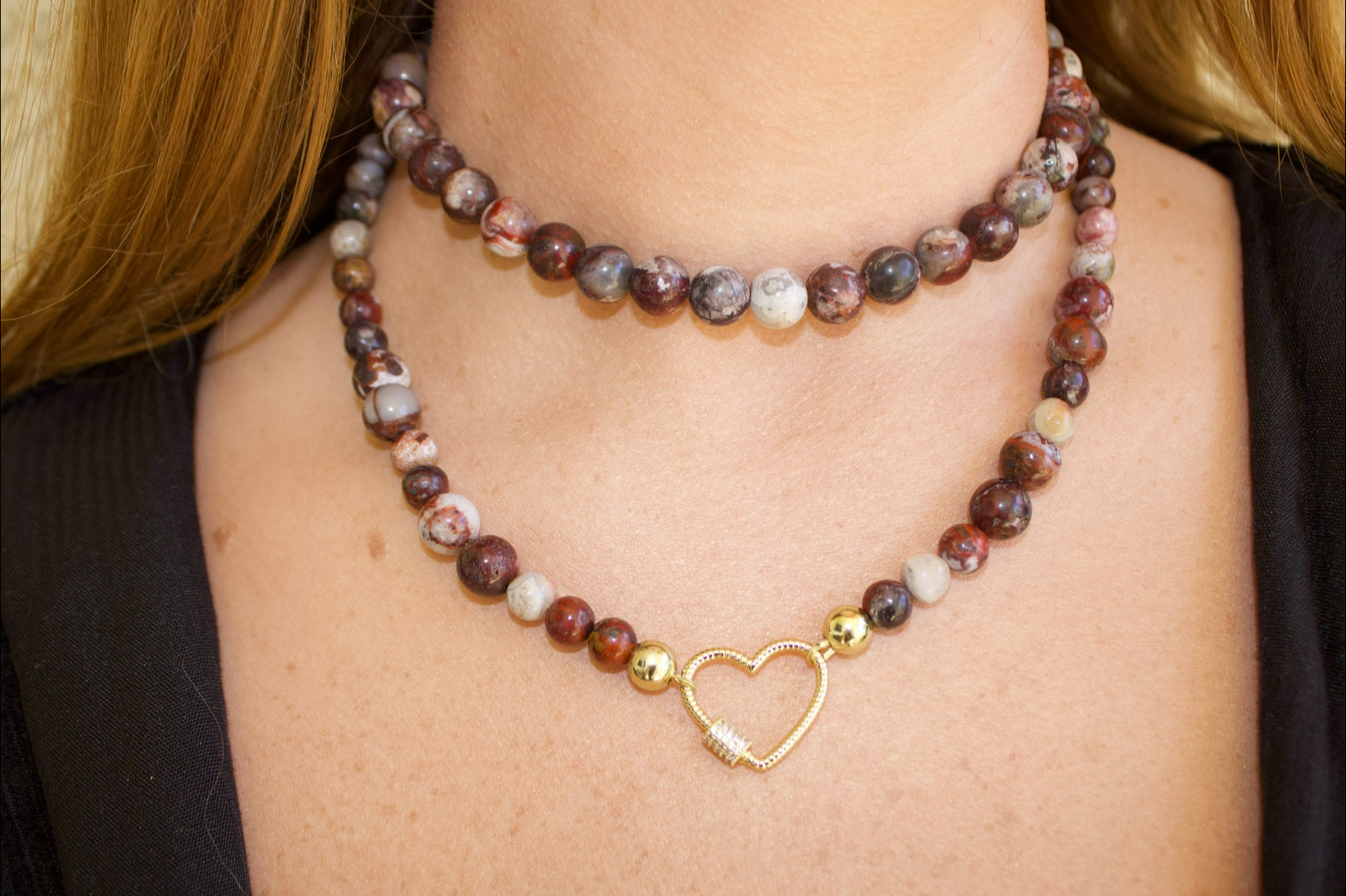 Red Mexican Crazy Lace Agate Necklace with Gold-Plated Heart Clasp