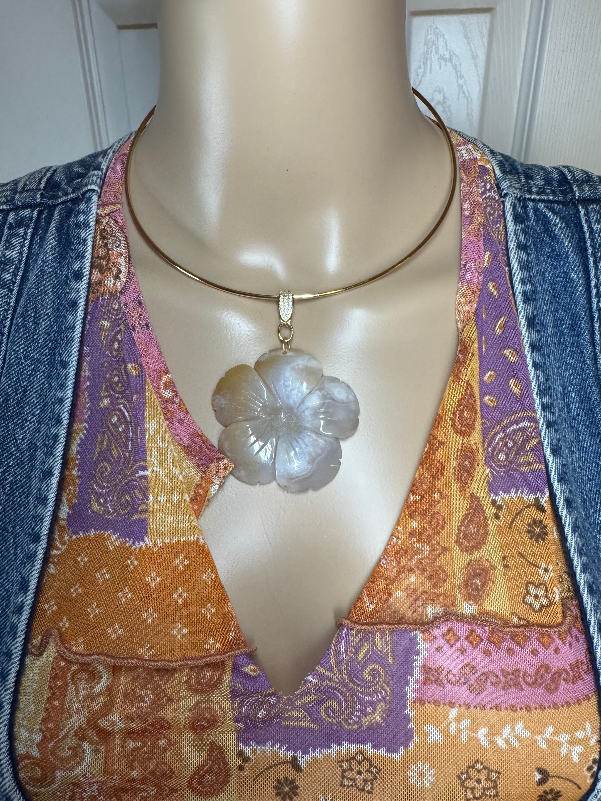 Flower Agate Pendant on Gold-Plated Choker Cuff