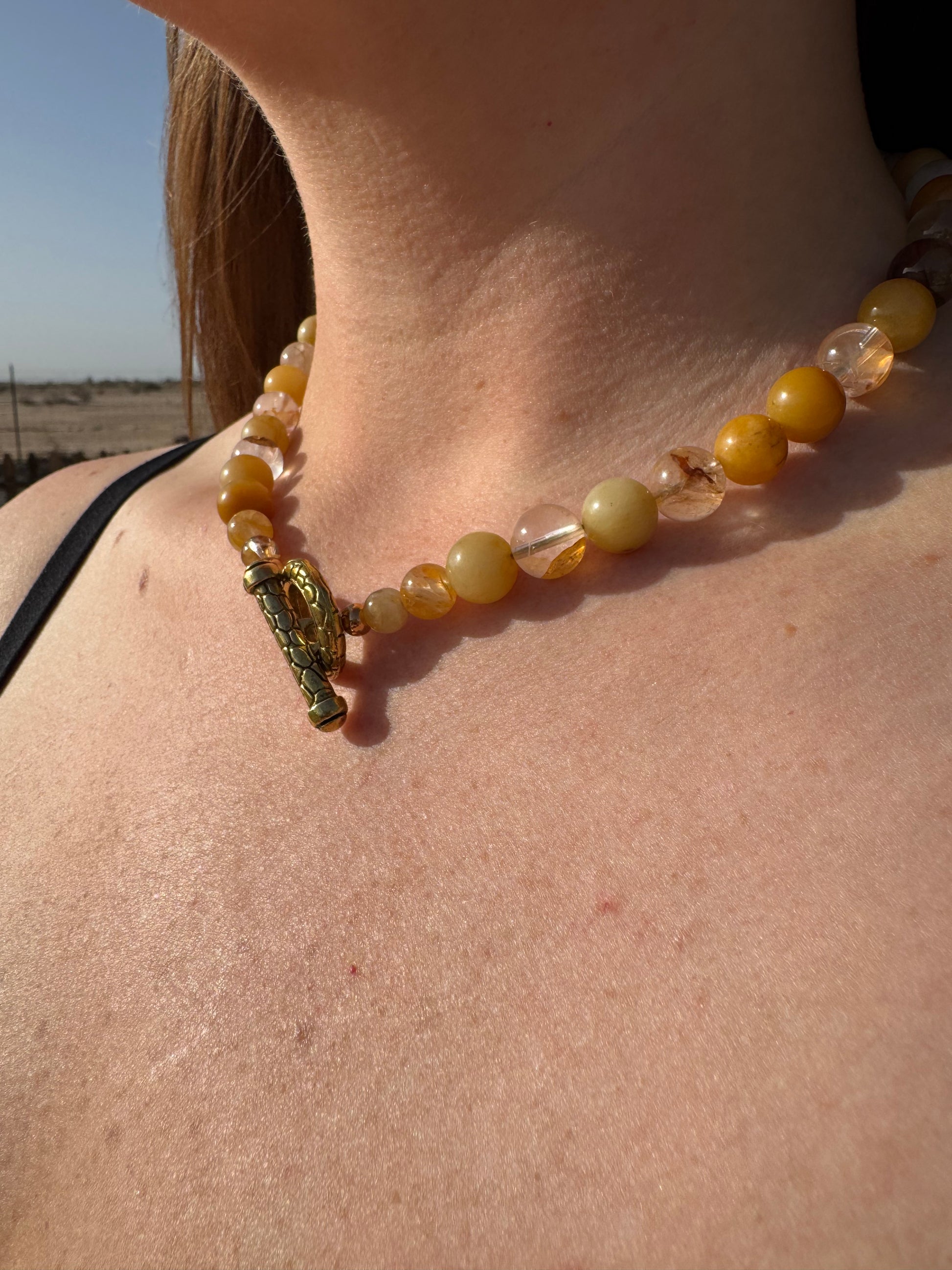 Golden Healer Quartz Necklace with Removable Crescent Moon & Good Luck Charm