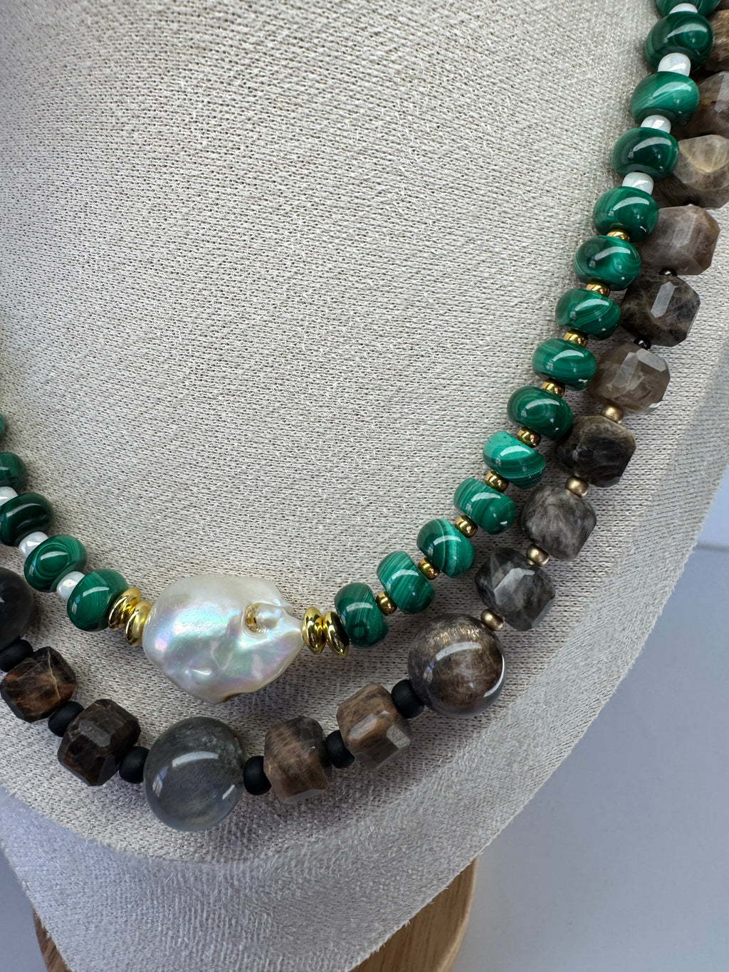 Natural Malachite and Freshwater Baroque Pearl Necklace