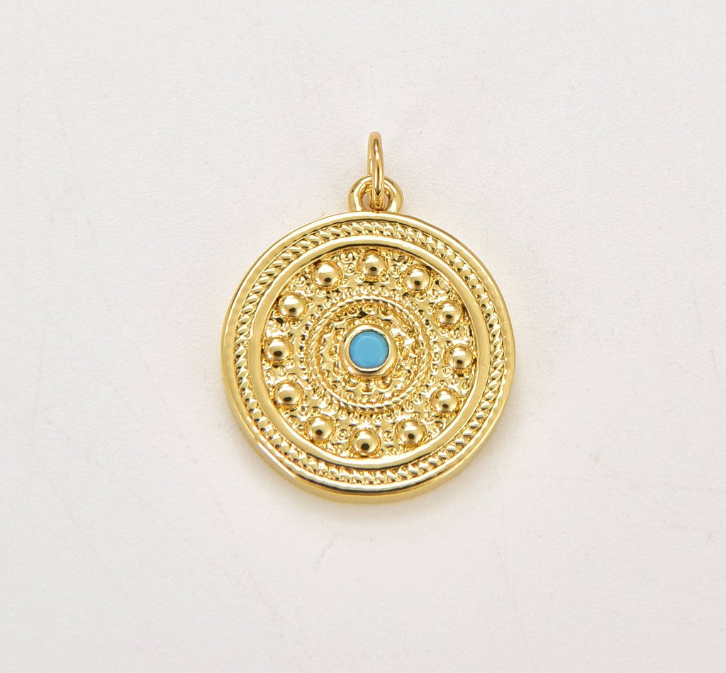 Gold Filled Dainty Turquoise Eye Disc Charm Pendant