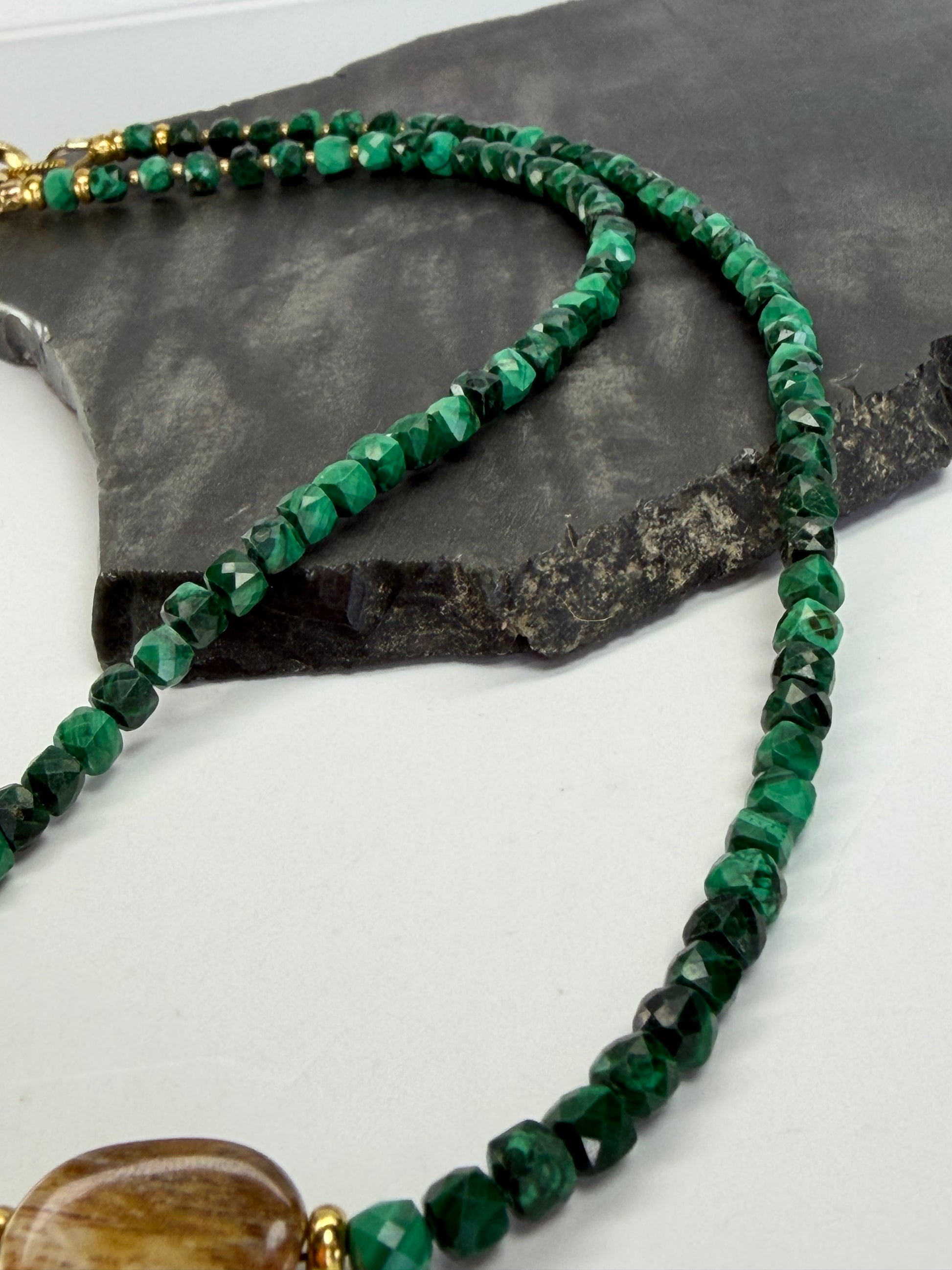 Malachite & Petrified Wood Necklace (Dainty)