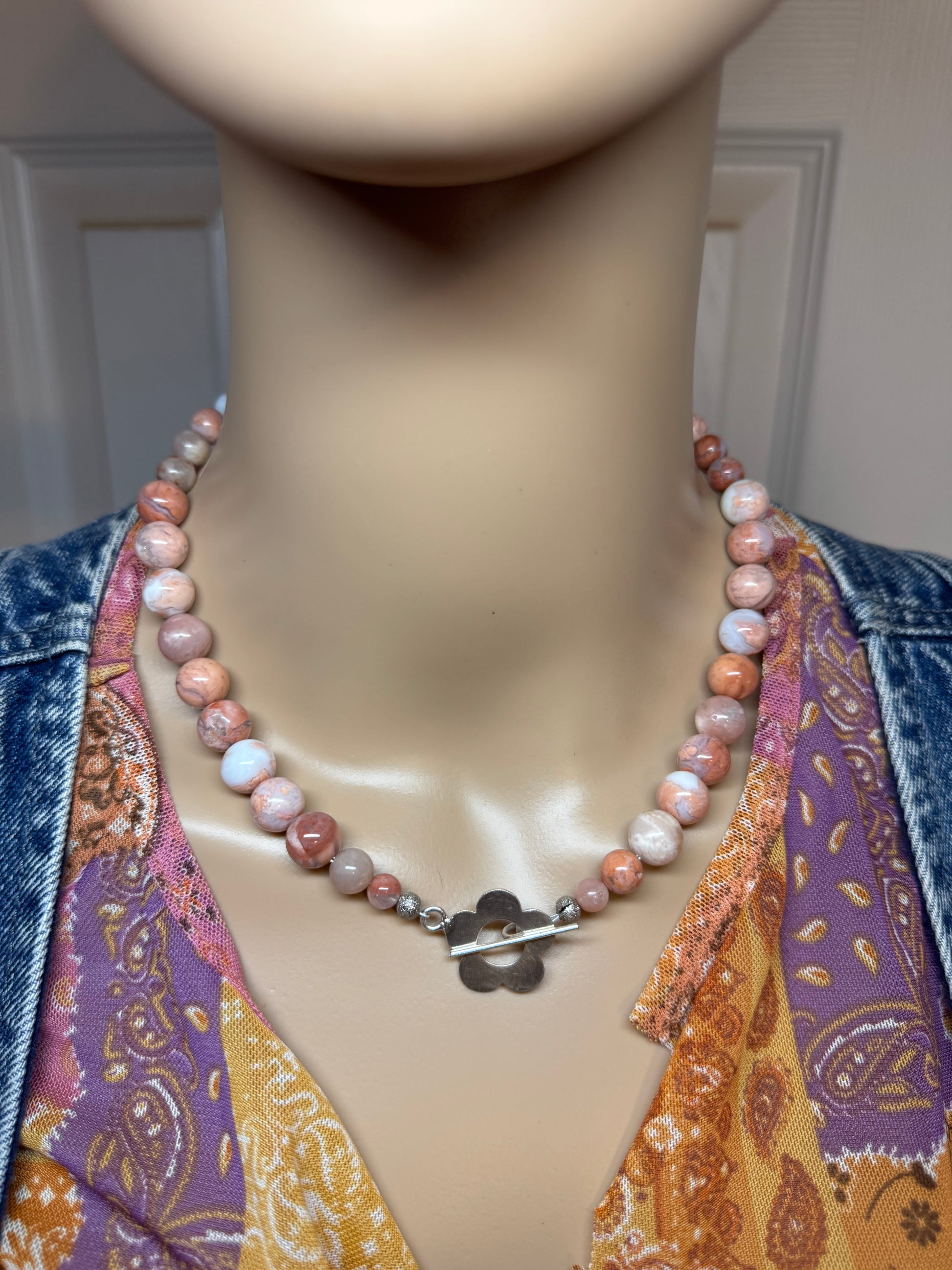 Pink Petal Agate Bead Necklace with Retro Flower Toggle - RESERVED FOR Maggie