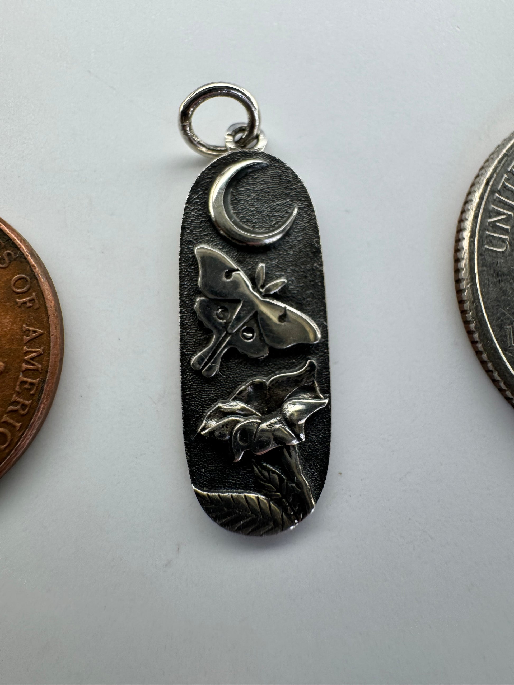 Silver Moth & Moon Charm Pendant
