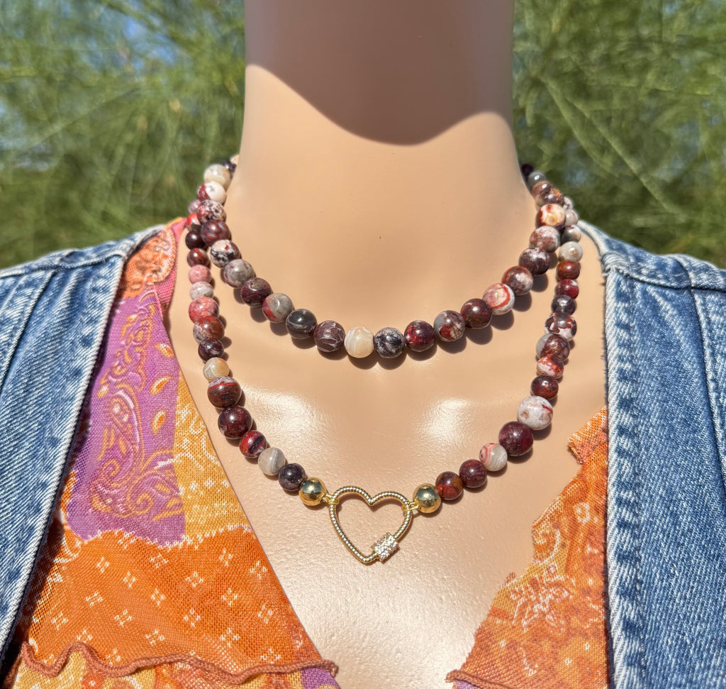 Red Mexican Crazy Lace Agate Necklace with Gold-Plated Heart Clasp