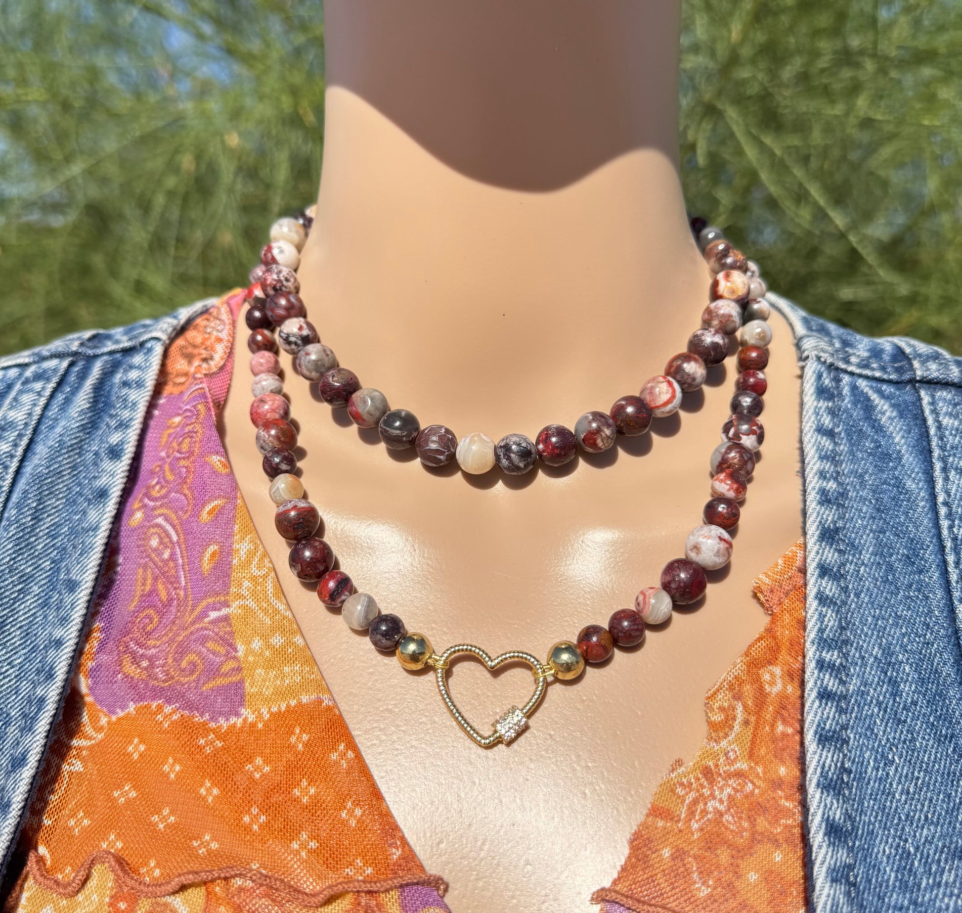 Red Mexican Crazy Lace Agate Necklace with Gold-Plated Heart Clasp