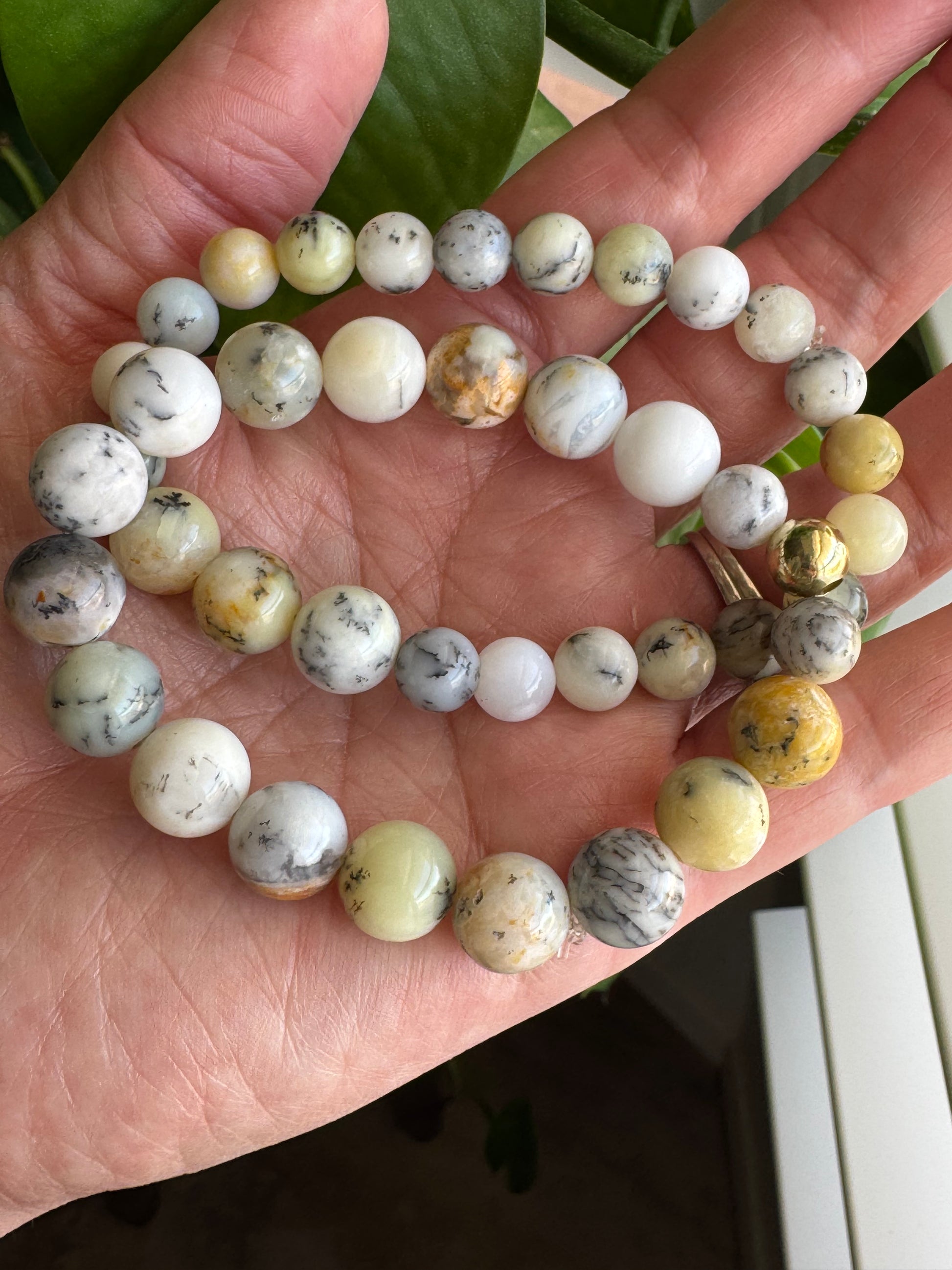 Natural White Opal Bead Stretch Bracelet Pair