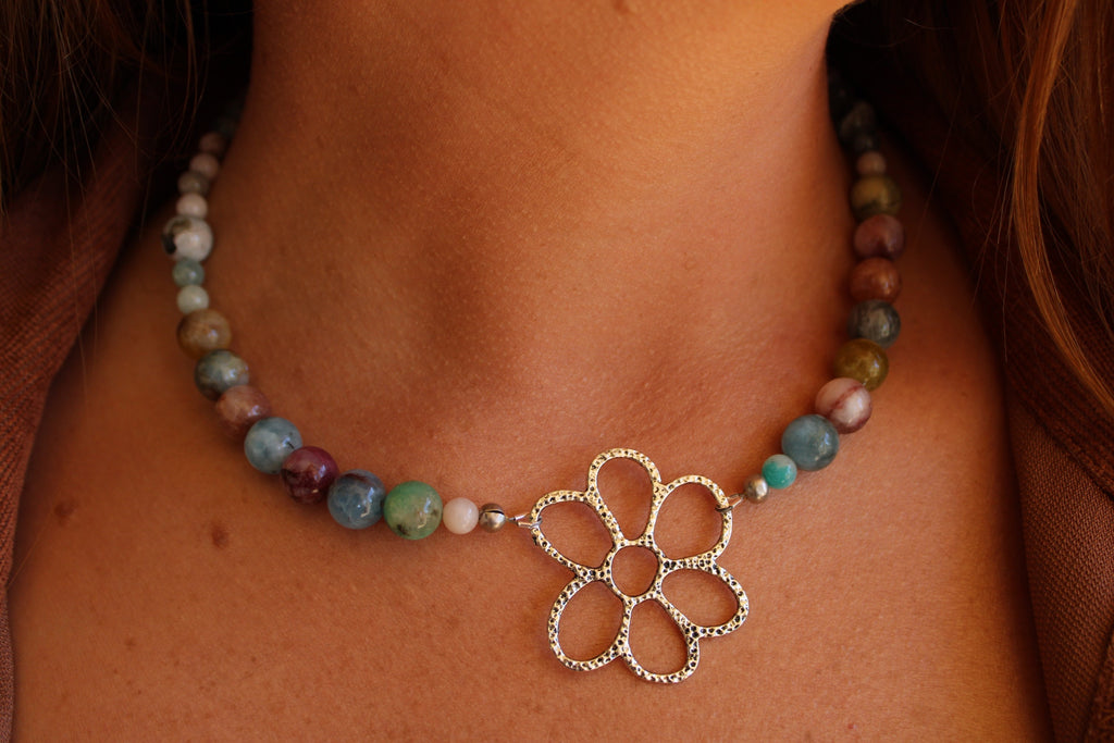 Natural Untreated Morganite Necklace with Silver Flower