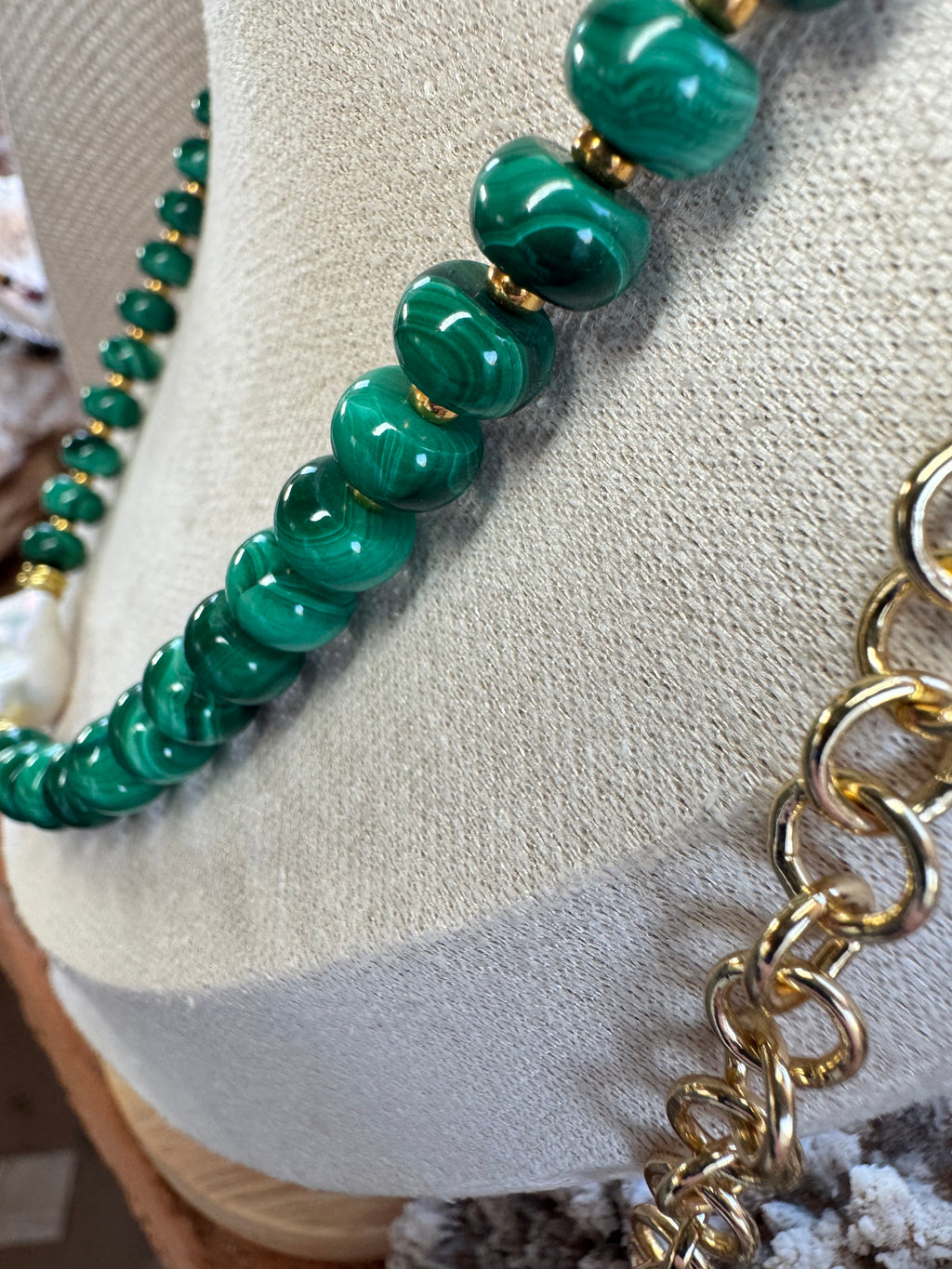 Natural Malachite and Freshwater Baroque Pearl Necklace