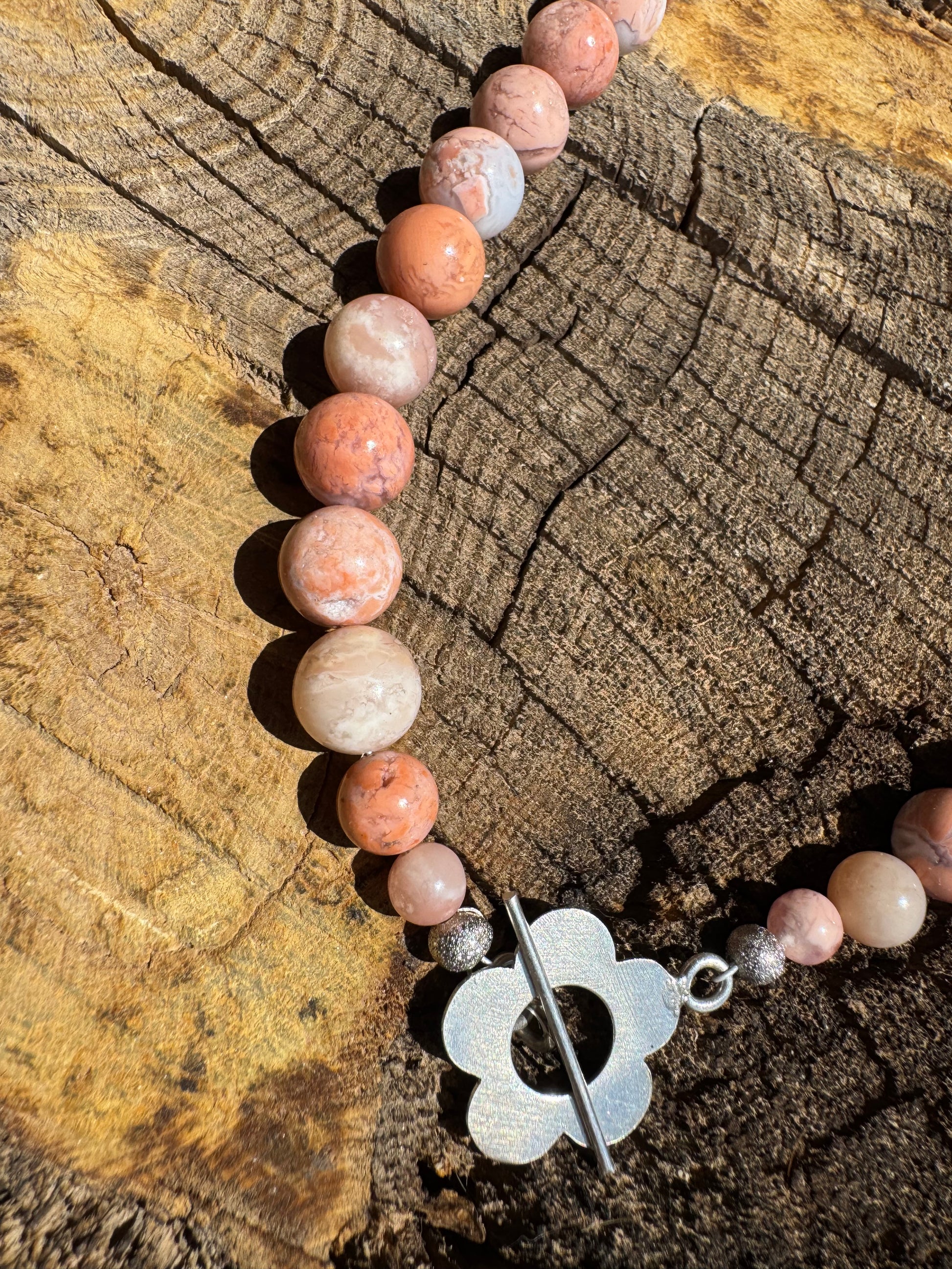Pink Petal Agate Bead Necklace with Retro Flower Toggle - RESERVED FOR Maggie