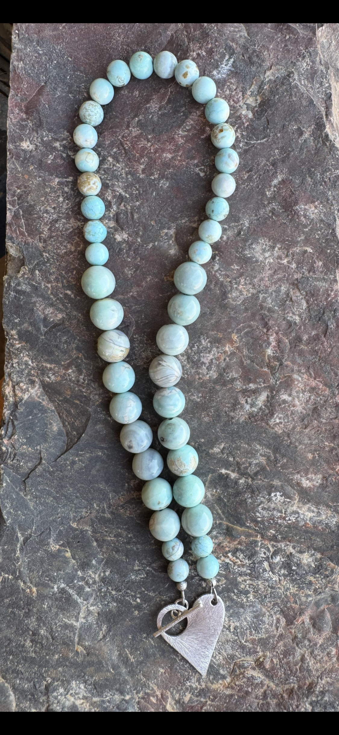 Dragon Skin Agate Bead Necklace with Silver Heart Toggle
