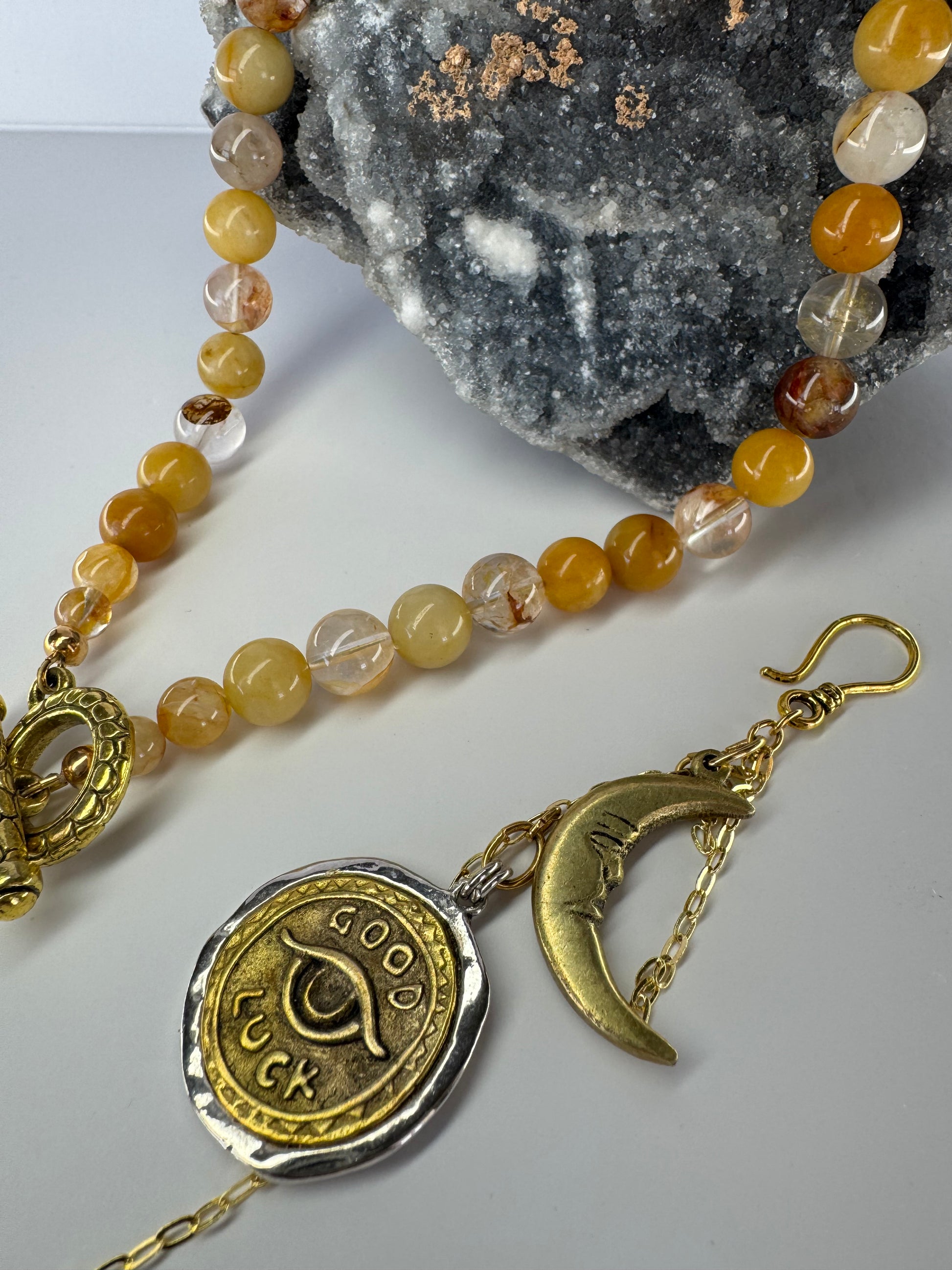 Golden Healer Quartz Necklace with Removable Crescent Moon & Good Luck Charm