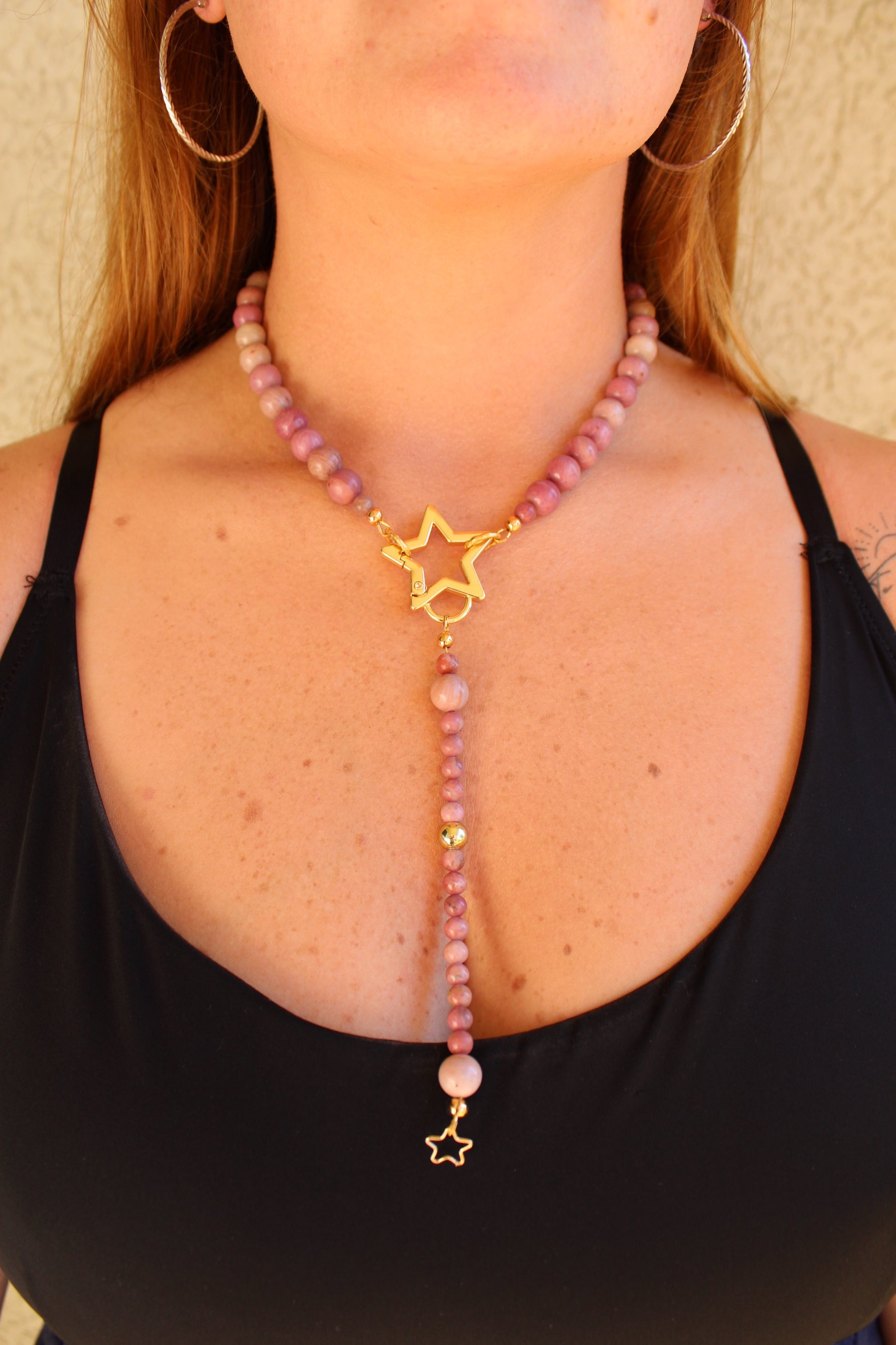 Madagascar Rhodonite Lariat Necklace with Gold Star