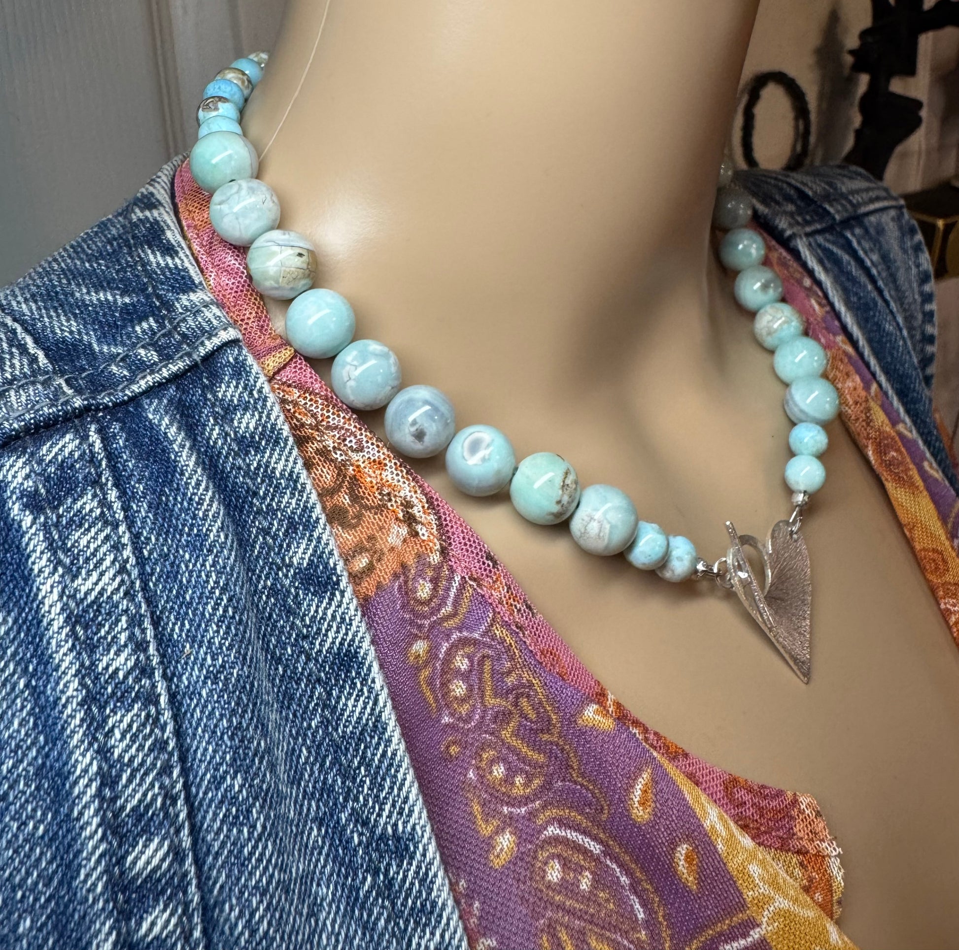 Dragon Skin Agate Bead Necklace with Silver Heart Toggle