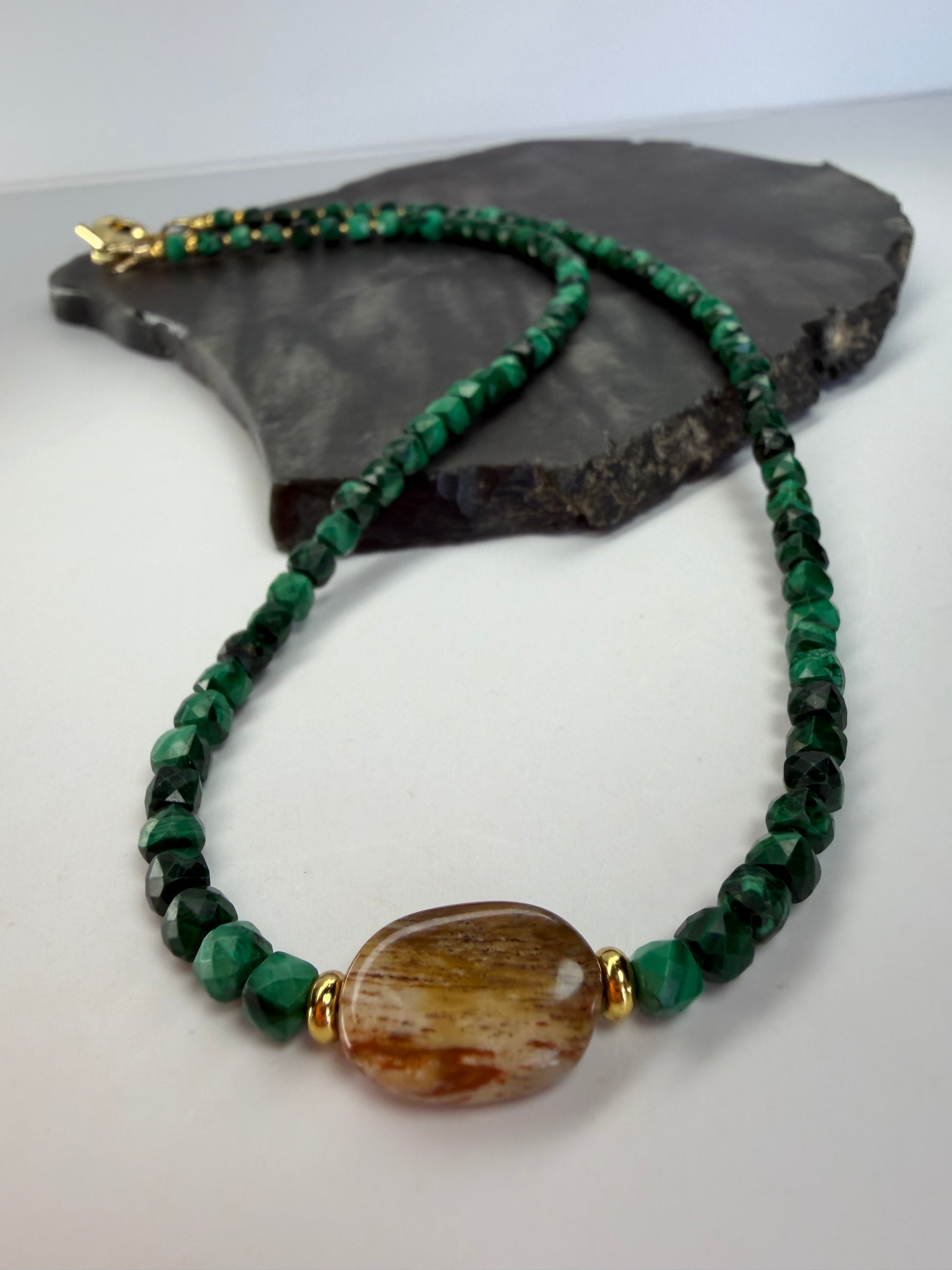 Malachite & Petrified Wood Necklace (Dainty)
