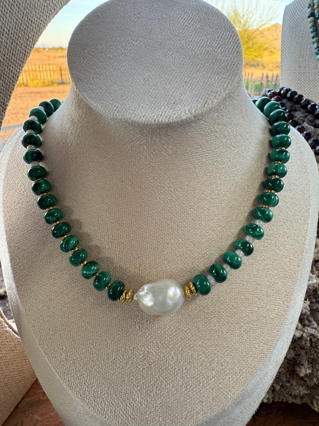 Natural Malachite and Freshwater Baroque Pearl Necklace