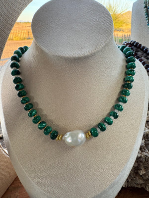 Natural Malachite and Freshwater Baroque Pearl Necklace