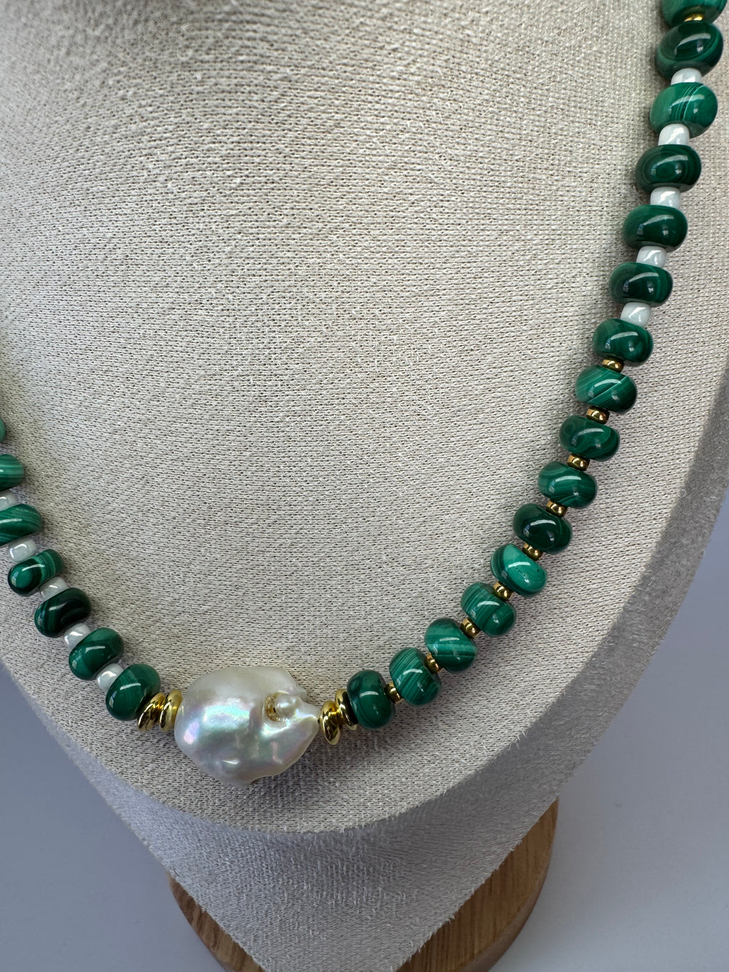 Natural Malachite and Freshwater Baroque Pearl Necklace