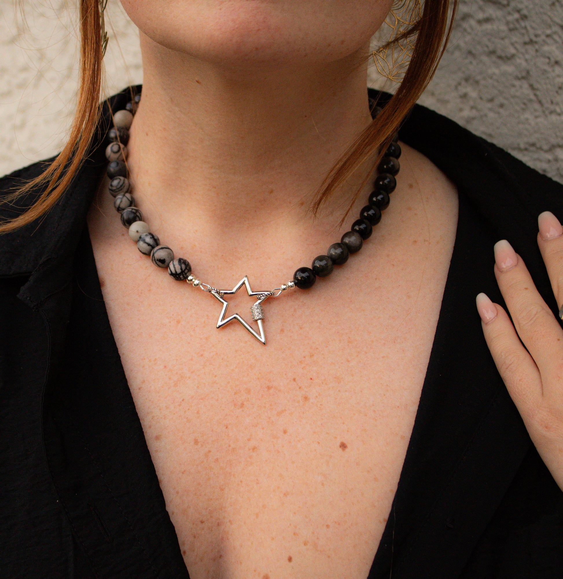 Spiderweb Jasper and Silver Sheen Obsidian Necklace