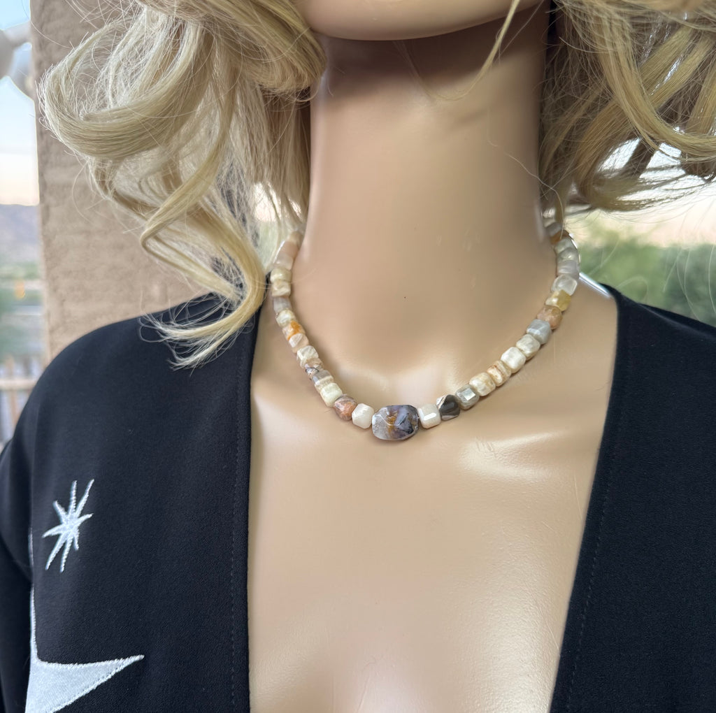 Multi-Color Moonstone & Dendritic Agate Nugget Necklace