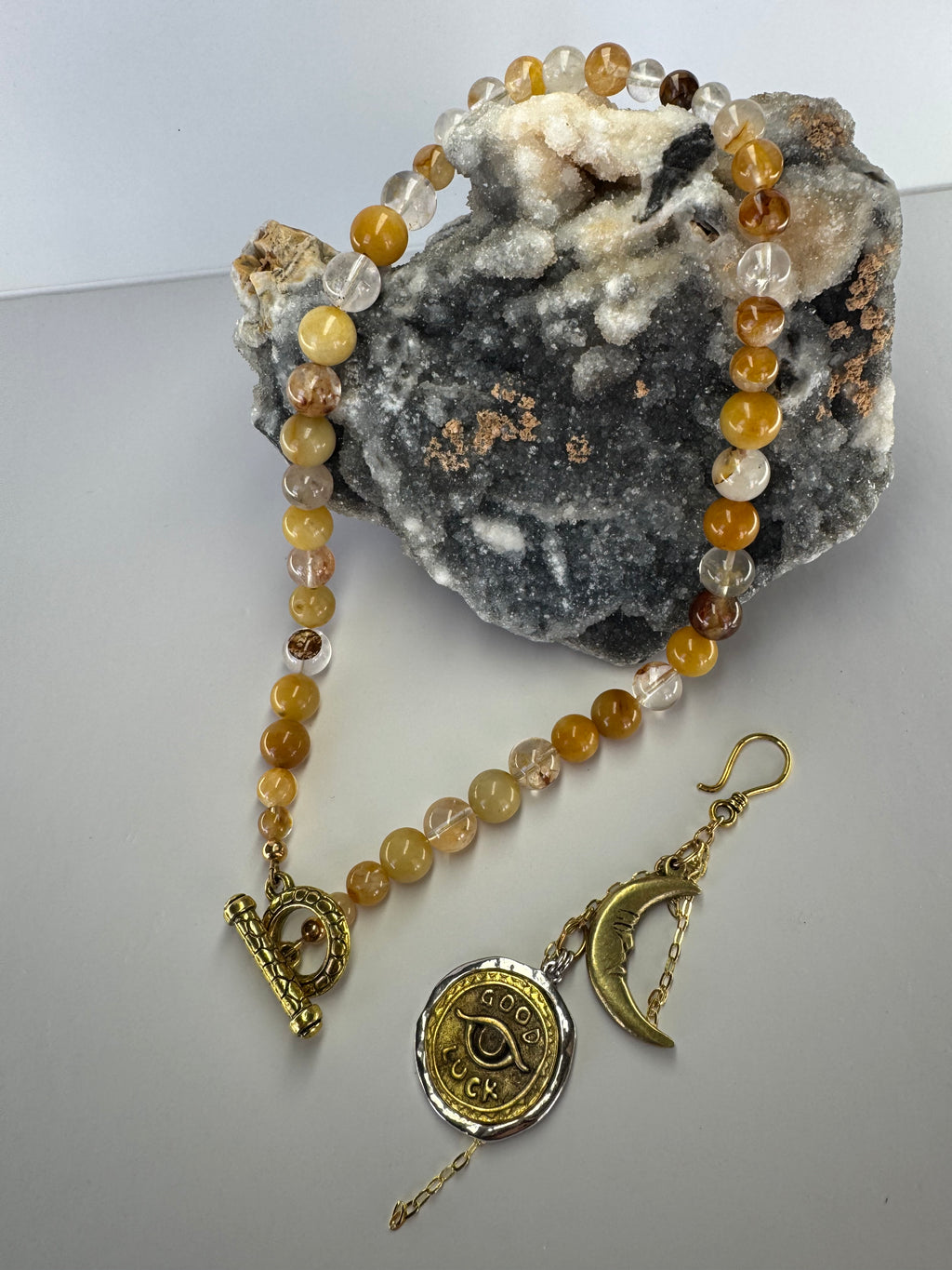 Golden Healer Quartz Necklace with Removable Crescent Moon & Good Luck Charm