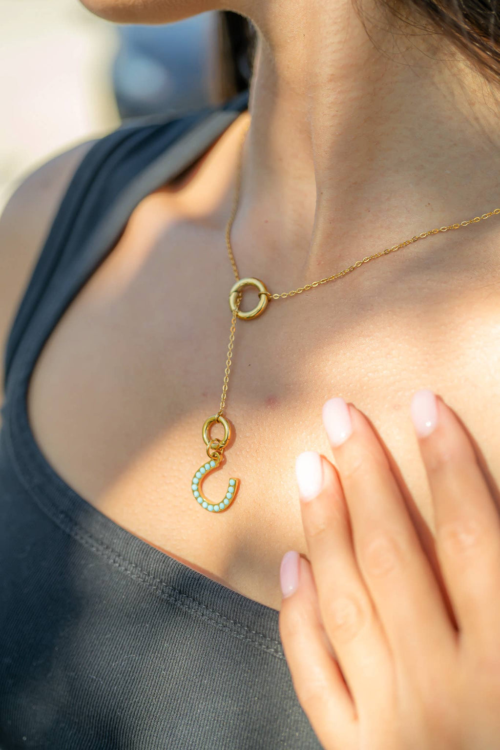 18K Gold PVD Stainless Steel Turquoise Stone Horseshoe Charm