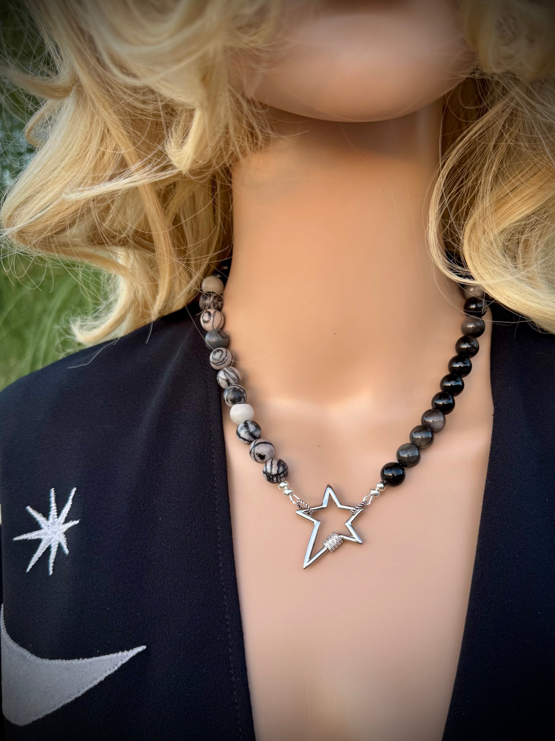 Spiderweb Jasper and Silver Sheen Obsidian Necklace