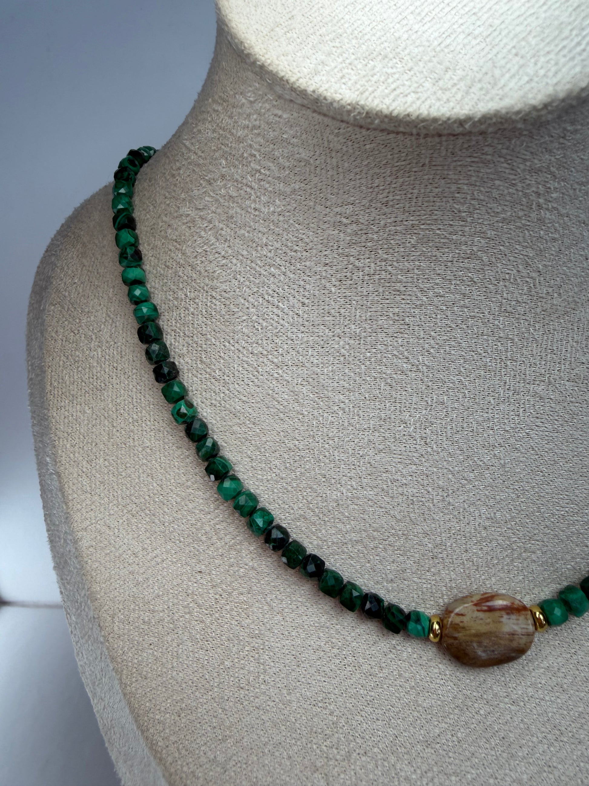 Malachite & Petrified Wood Necklace (Dainty)