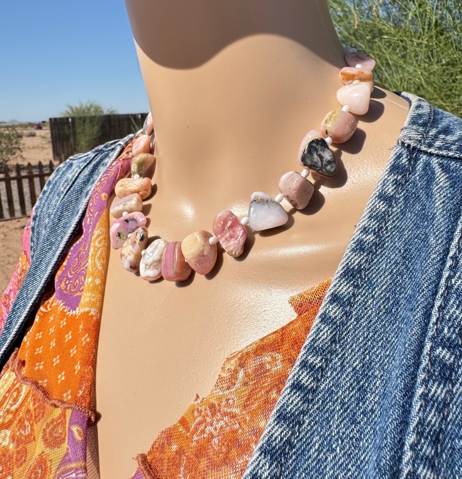 Peruvian Pink Opal & Freshwater Pearl Freeform Nugget Necklace