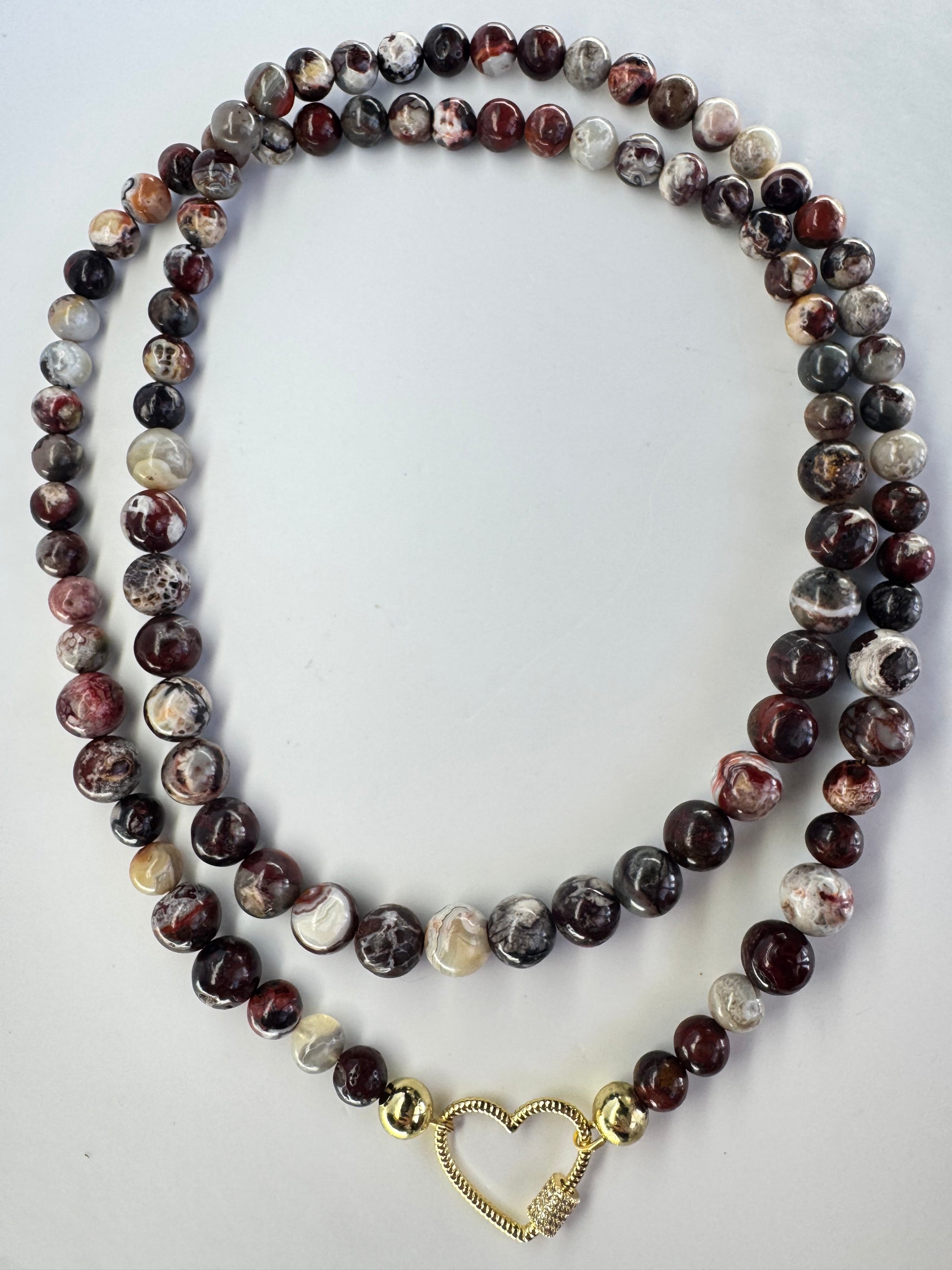 Red Mexican Crazy Lace Agate Necklace with Gold-Plated Heart Clasp