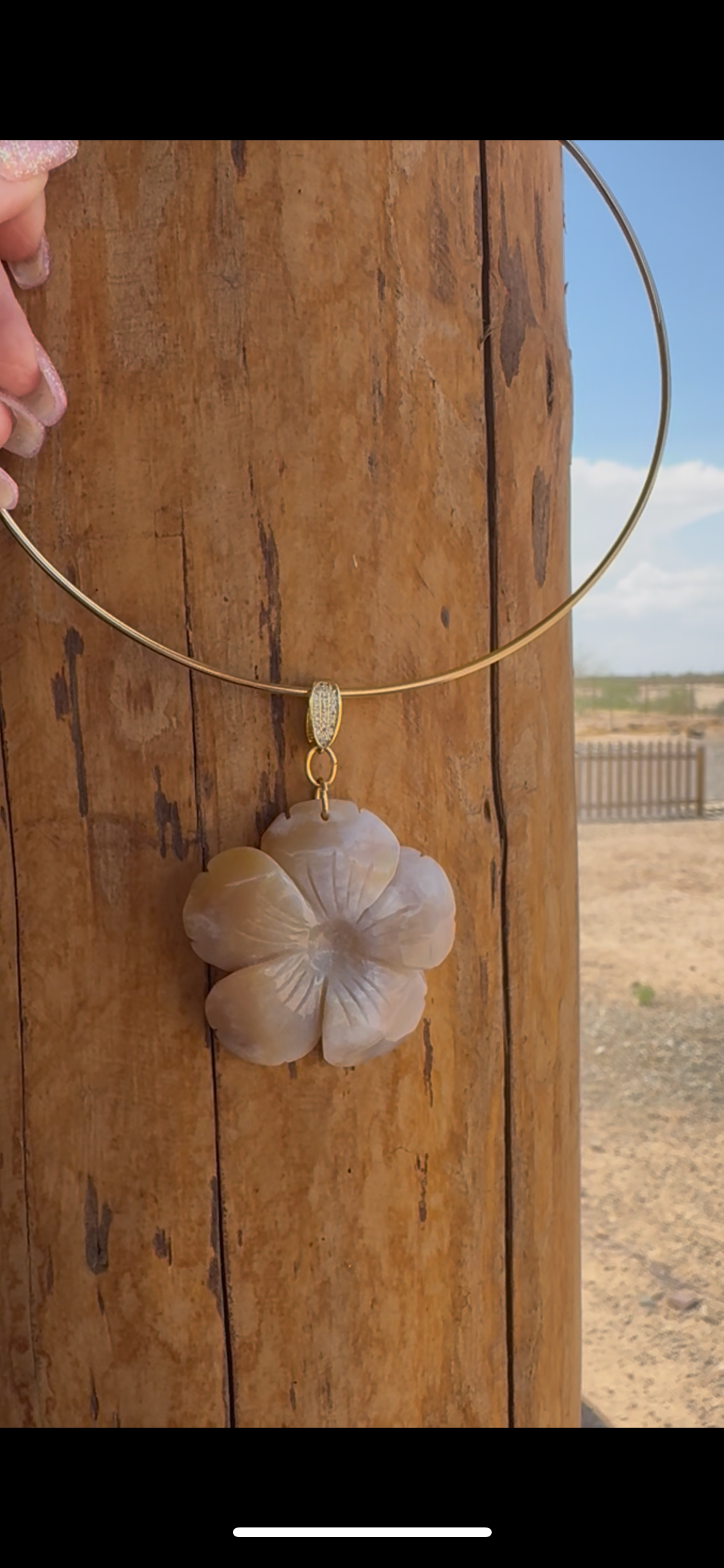 Flower Agate Pendant on Gold-Plated Choker Cuff