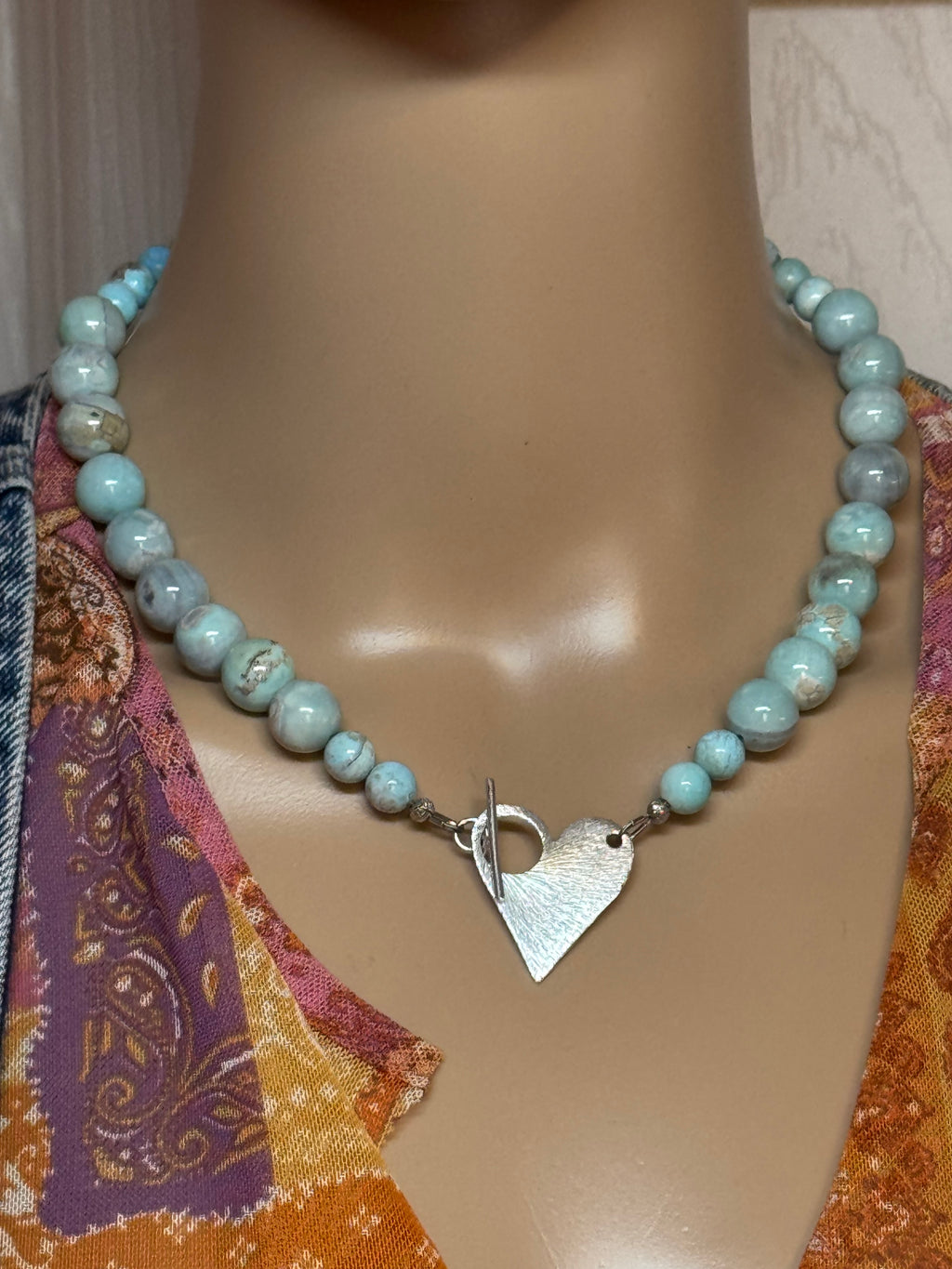 Dragon Skin Agate Bead Necklace with Silver Heart Toggle