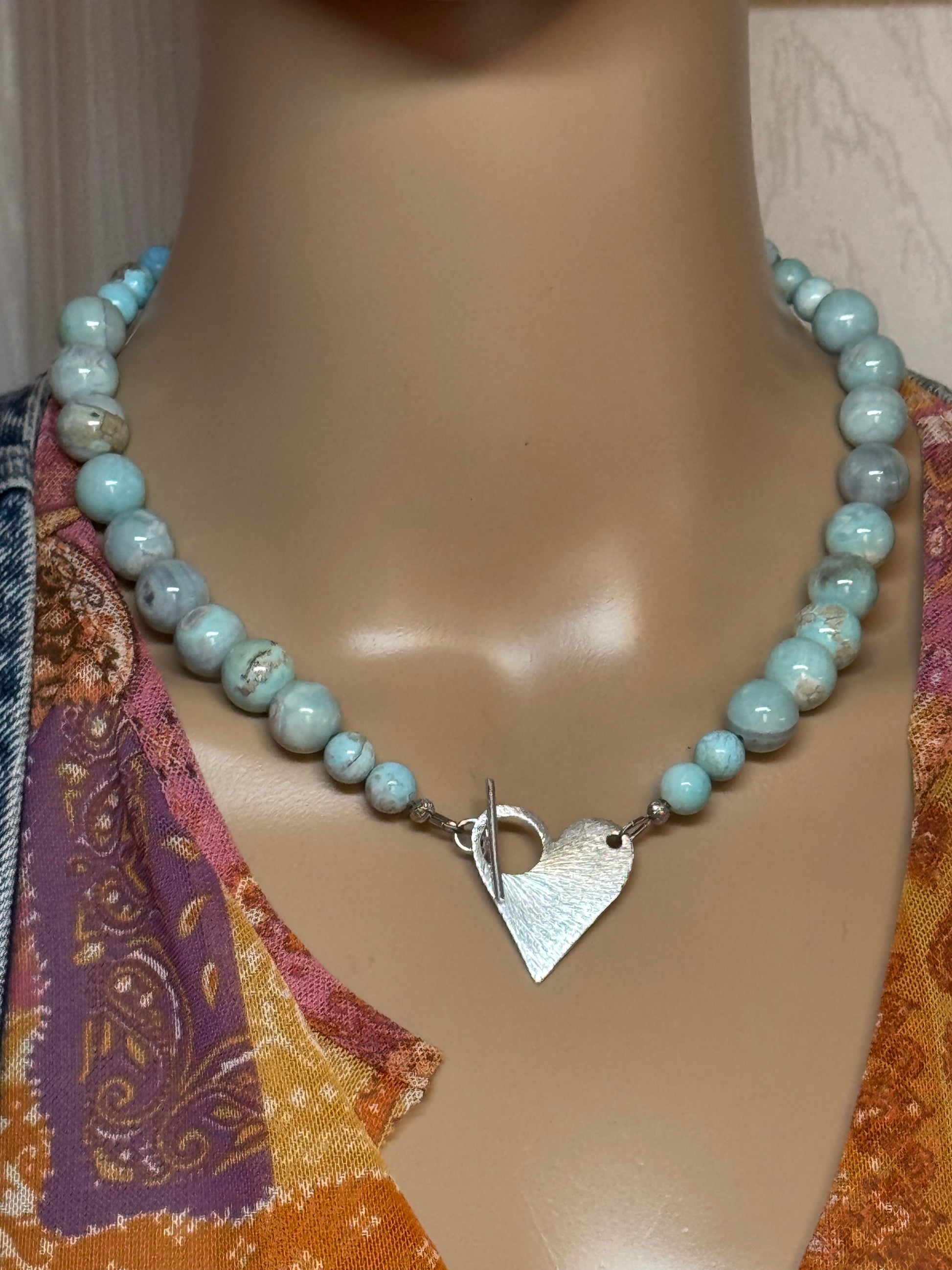Dragon Skin Agate Bead Necklace with Silver Heart Toggle