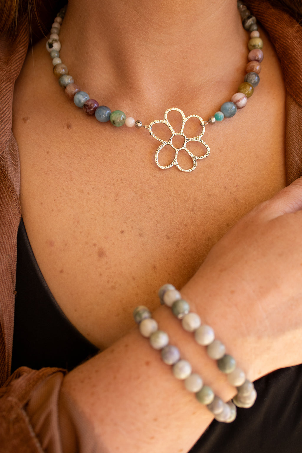 Natural Untreated Morganite Necklace with Silver Flower