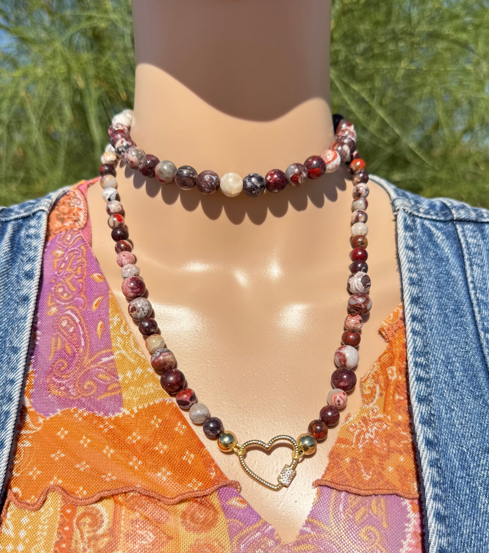 Red Mexican Crazy Lace Agate Necklace with Gold-Plated Heart Clasp
