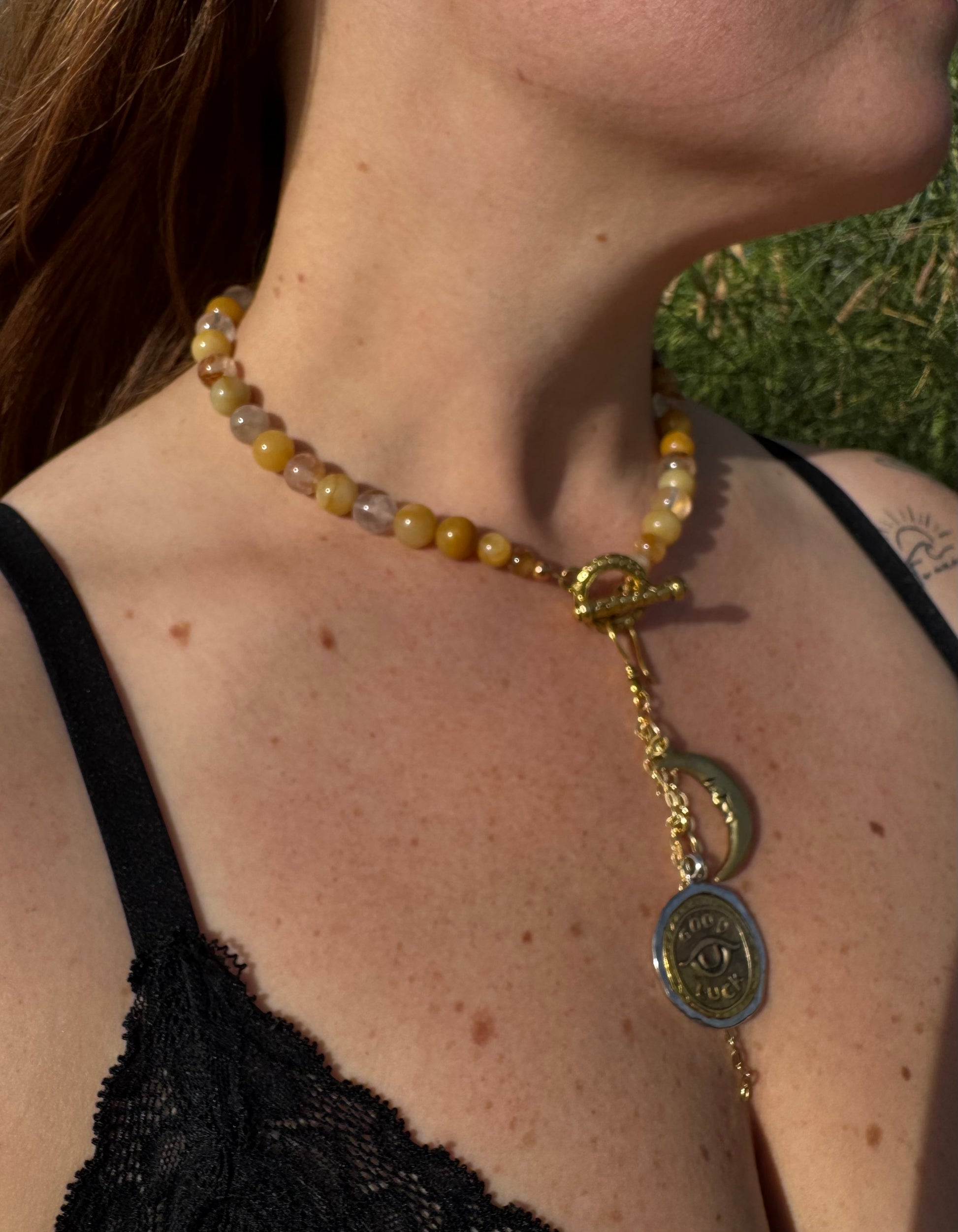 Golden Healer Quartz Necklace with Removable Crescent Moon & Good Luck Charm