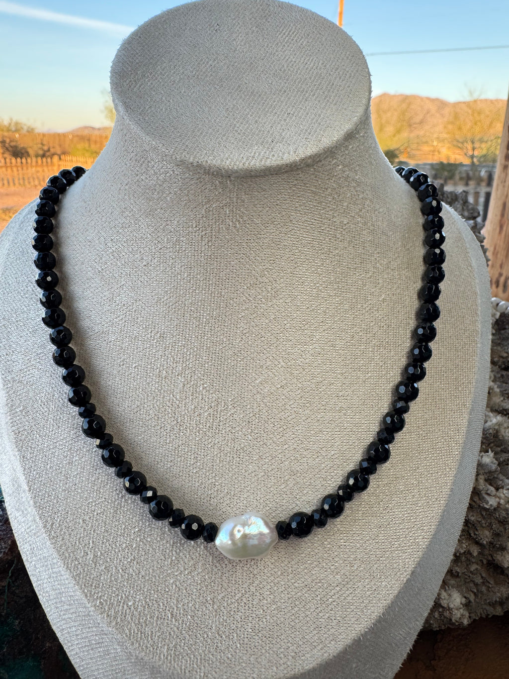 Natural Black Onyx & Freshwater Baroque Pearl Necklace