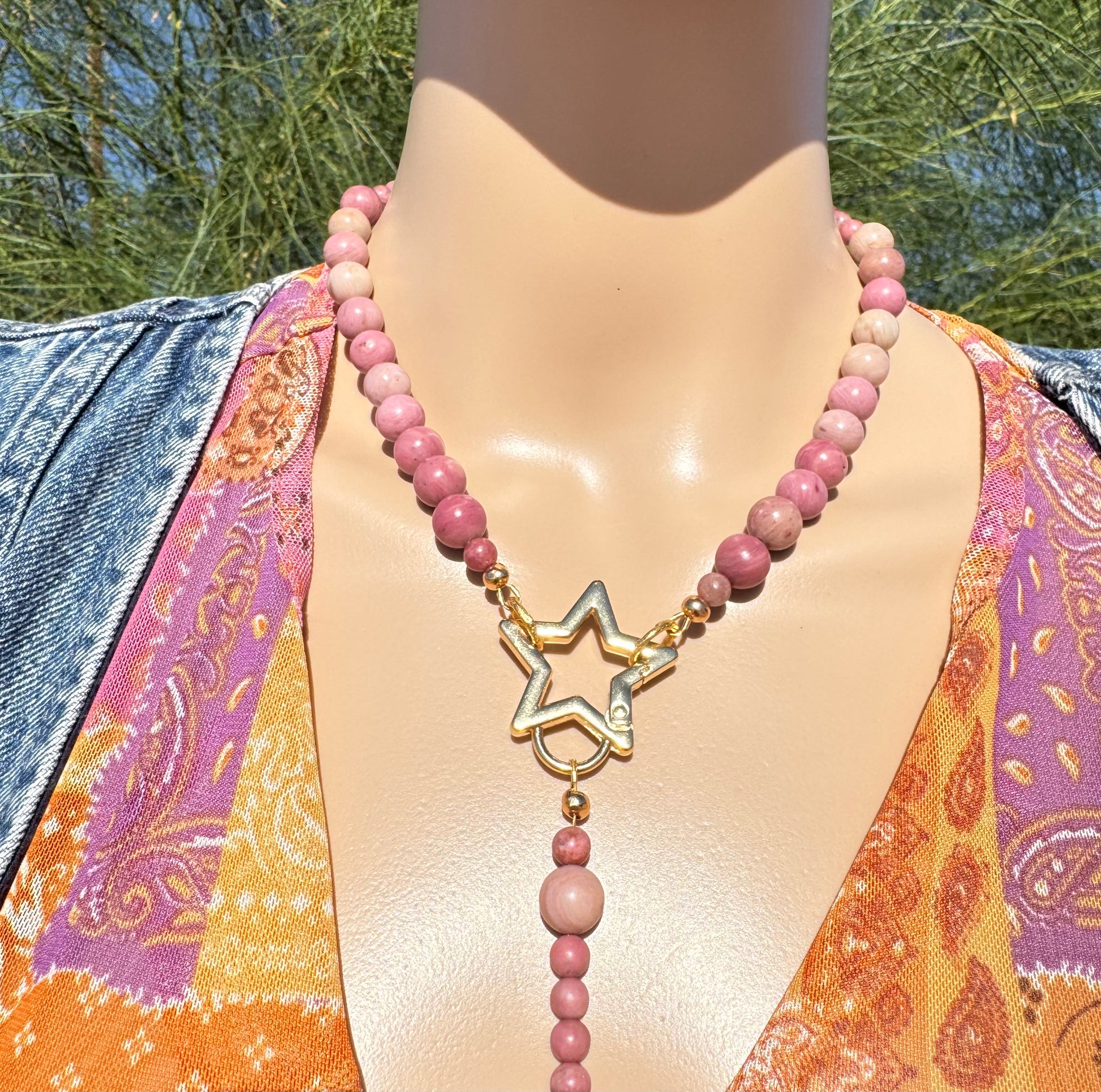 Madagascar Rhodonite Lariat Necklace with Gold Star