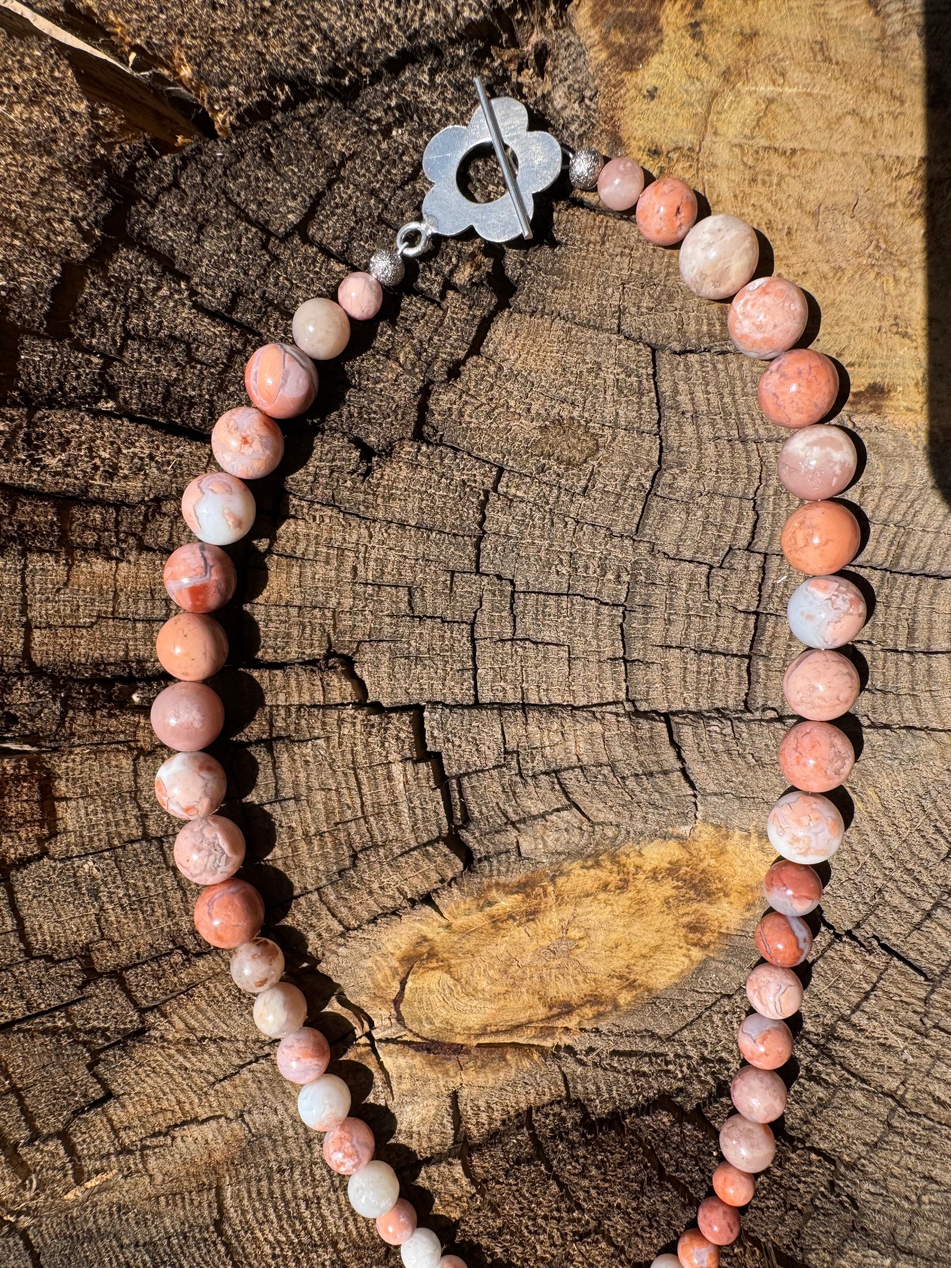 Pink Petal Agate Bead Necklace with Retro Flower Toggle - RESERVED FOR Maggie