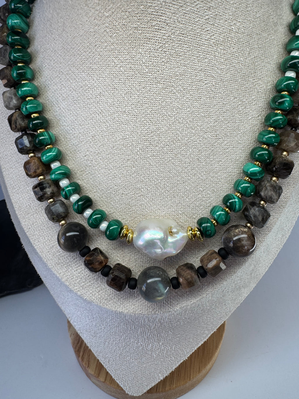 Natural Malachite and Freshwater Baroque Pearl Necklace
