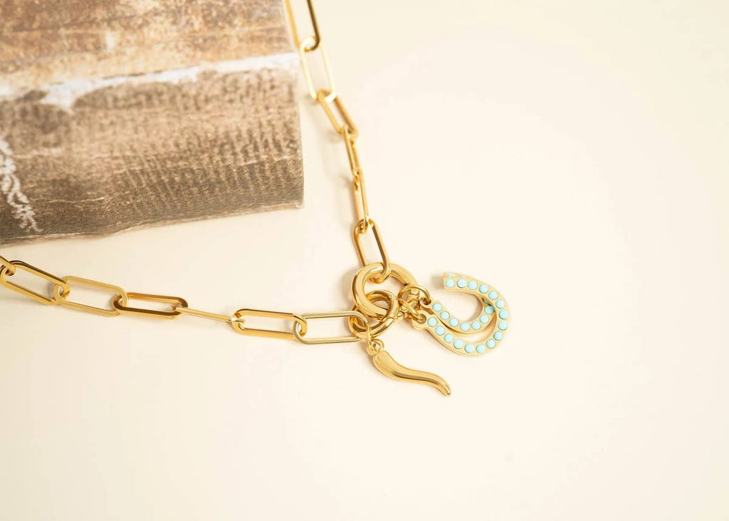 18K Gold PVD Stainless Steel Turquoise Stone Horseshoe Charm