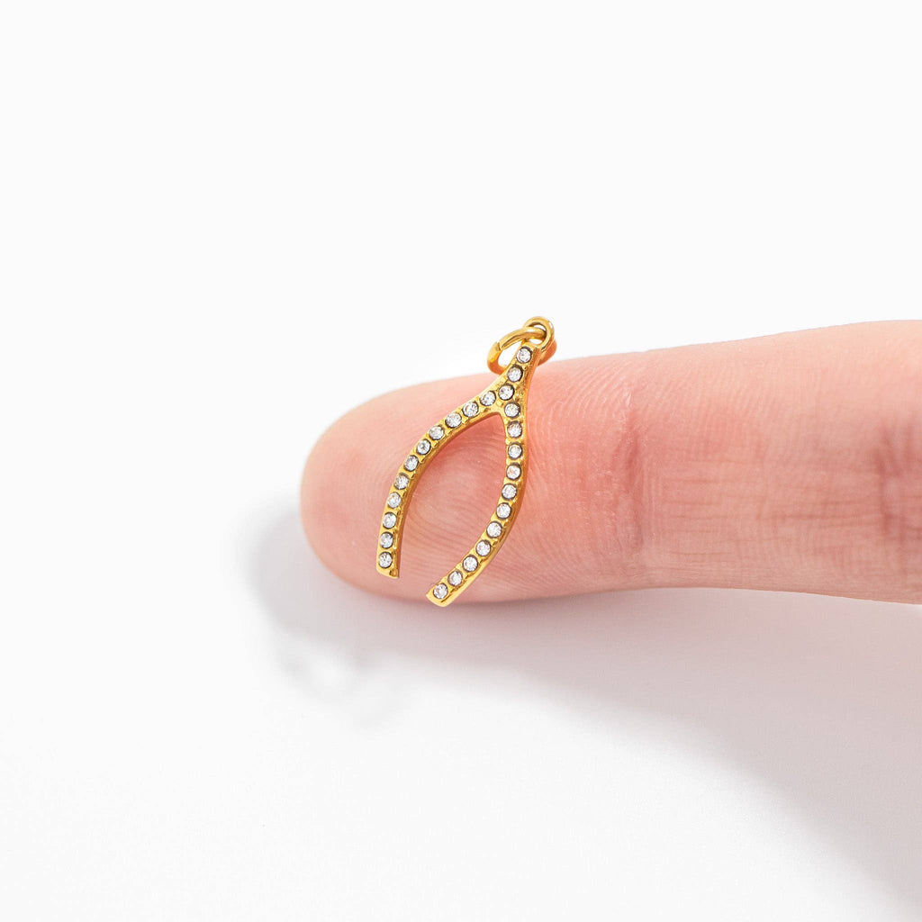 Stainless Steel Rhinestone Wishbone Charm